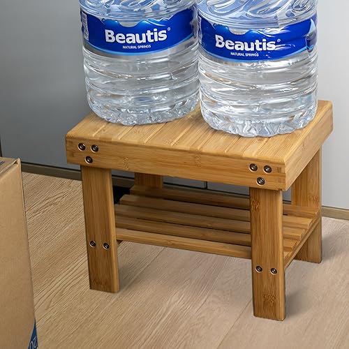 Miniatura 6 de VaeFae Taburete pequeño de bambú para niños, reposapiés de afeitado, estante de almacenamiento, duradero, ligero y antideslizante, para hogar, baño,