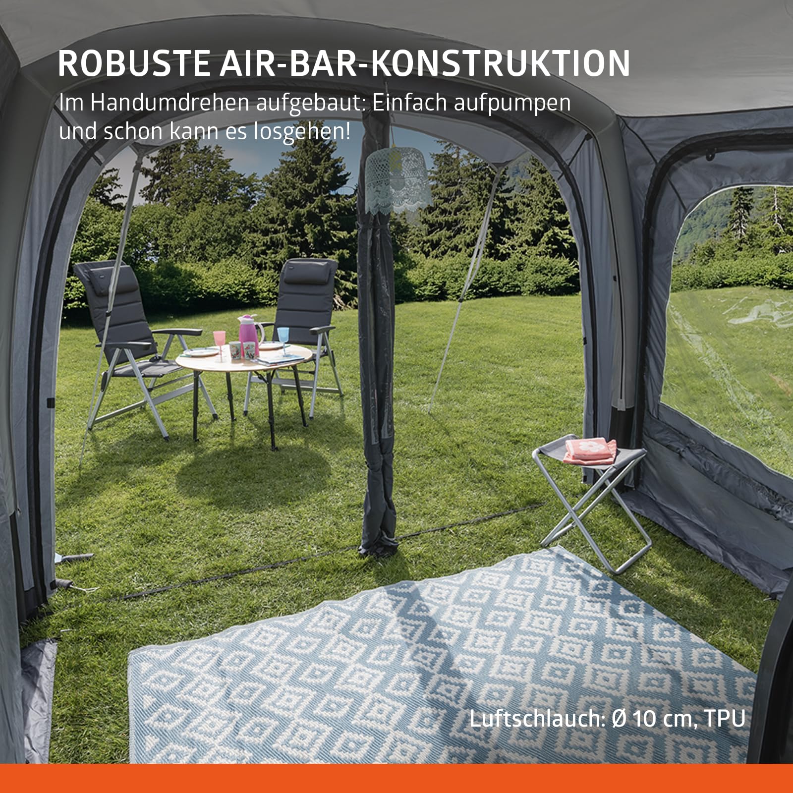 Campout Aufblasbares Busvorzelt für Campervan – 300 x 210 cm – 3000 mm Wassersäule – Anbauhöhe 180-210 cm – Aufbau in 15 Min – Inkl. Pumpe & Sturmabspannleinen