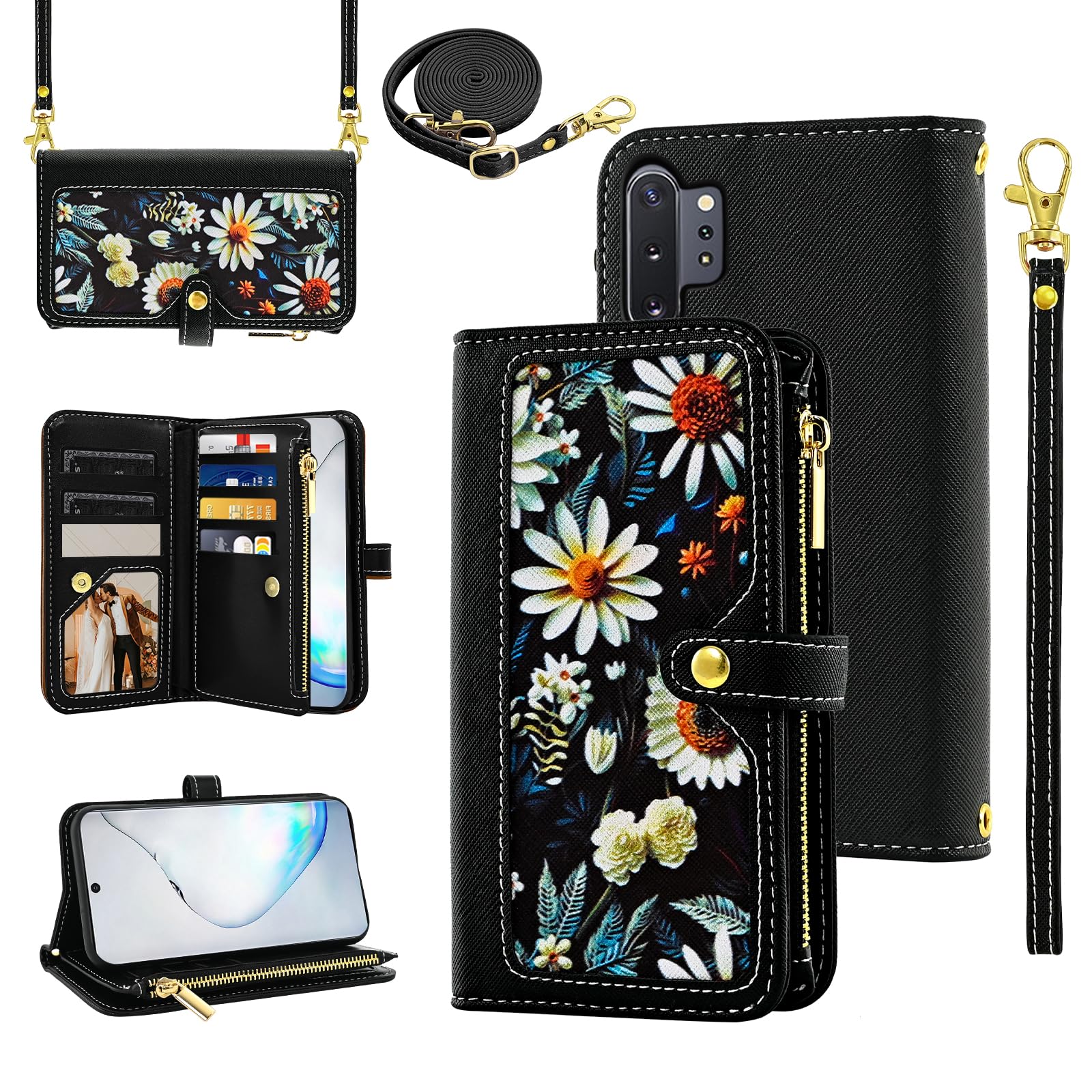 Furiet Floral Wallet Case for Samsung Galaxy Note 10 Plus Note10+ 5G with Wrist Strap Shoulder Strap Flip Zipper Purse PU Leather Stand Cell Phone