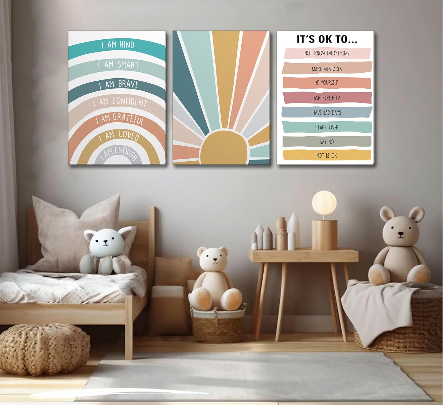 3 Pcs Nursery Boho Affirmations Canvas Wall Art Kids Lnspirational I Am Kind Smart Brave Rainbow Painting Picture Wall Decor Mental Health Posters Prints for Toddler Kids Room Classroom (12x16-canvas)