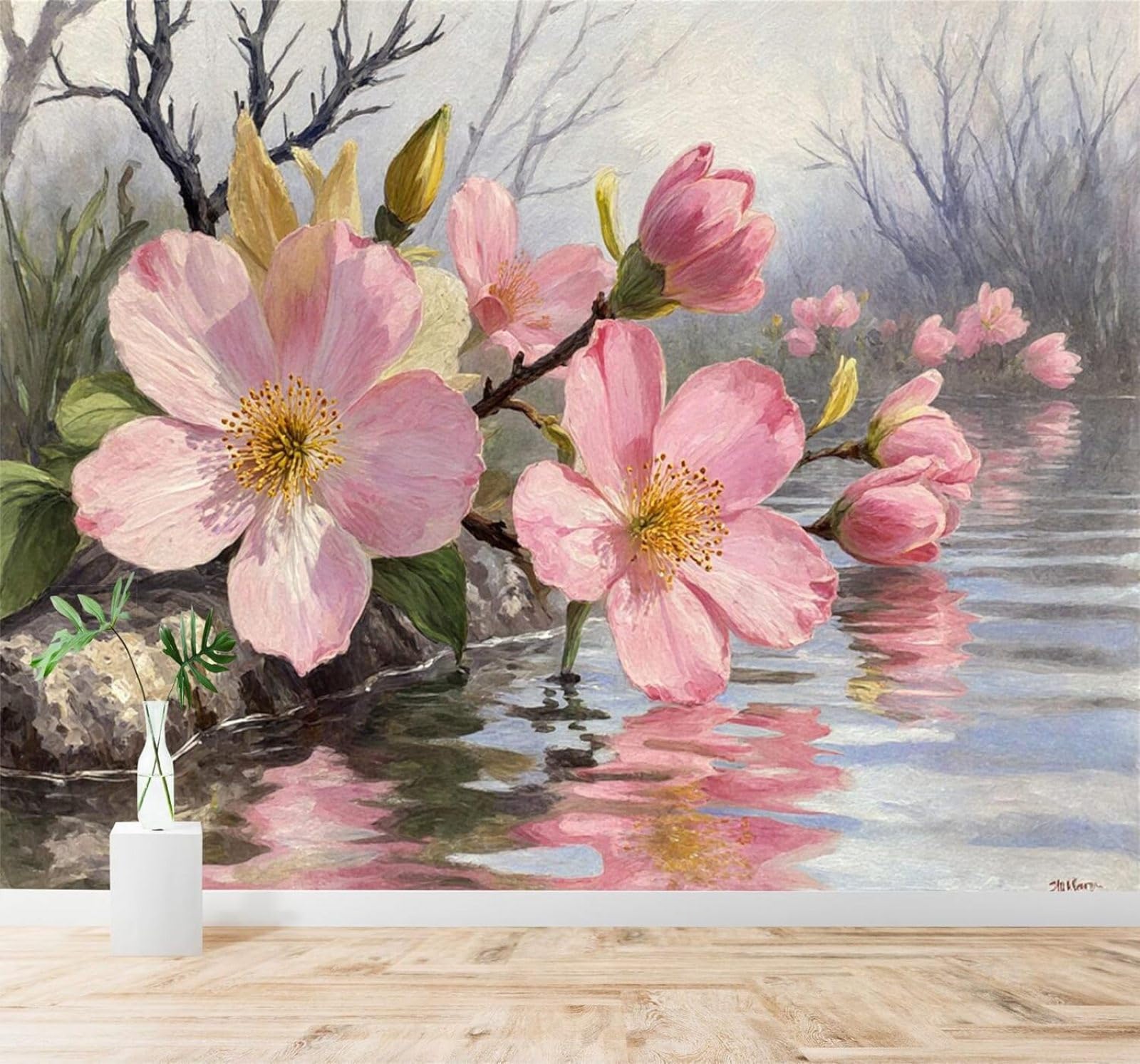 Xlming 250Cm×170Cm(B×H) 3D Wallpaper Beautiful Pink Cherry Blossoms Reflection On Water Spring
