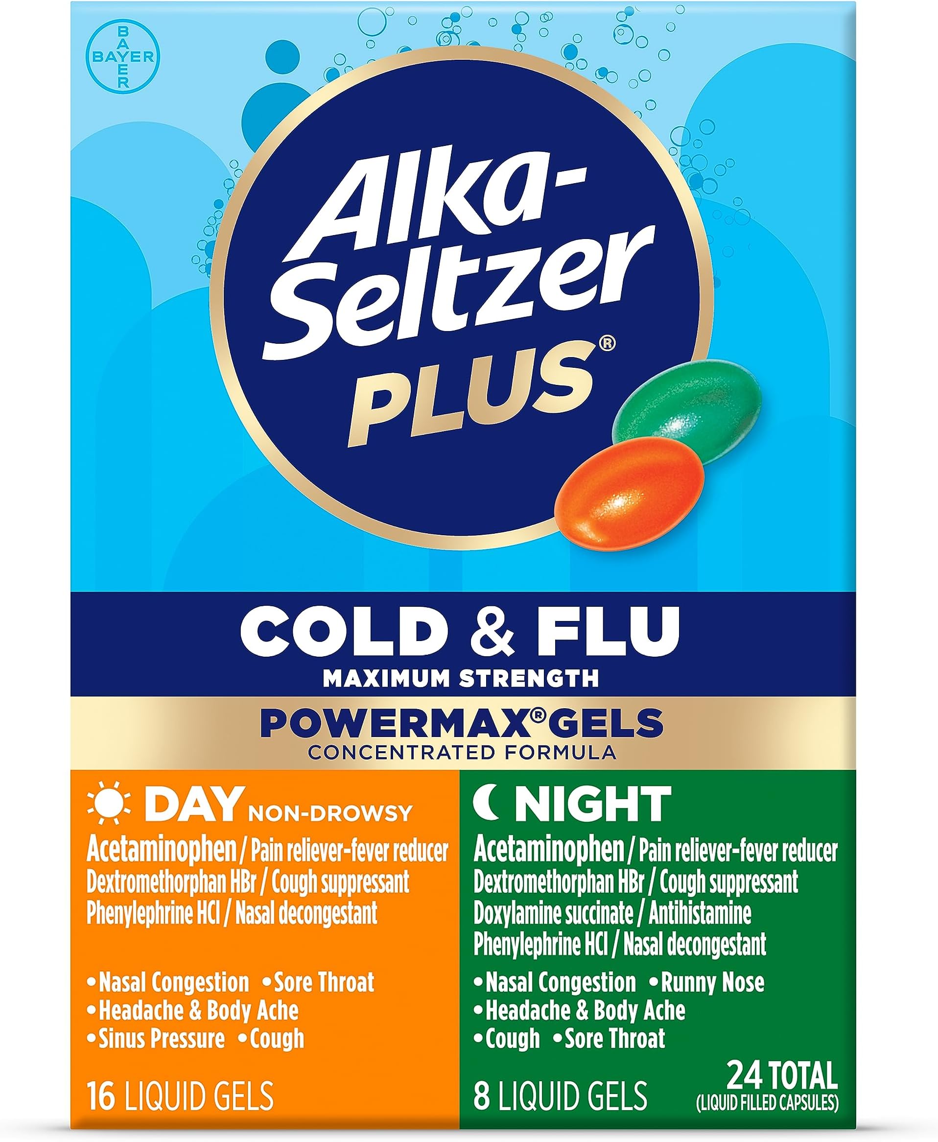 Alka-Seltzer Plus Power Max Cold and Flu Medicine, Day+Night, - Maximum Strength (Per 4 Hour Dose) Relief Cold and Flu Medicine for Adults and Children 12 Years and Older, 24 Count, Packaging May Vary