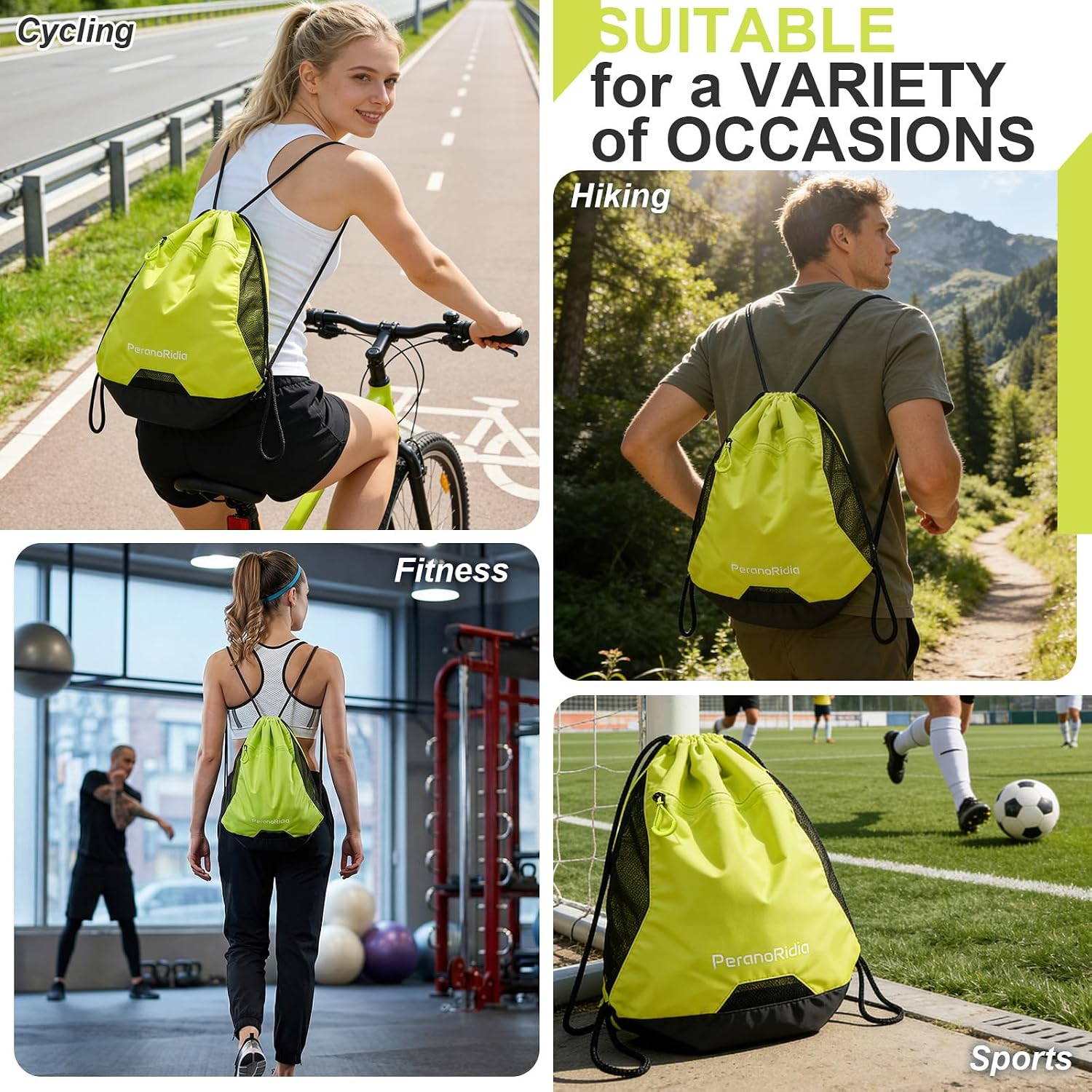Drawstring Backpack for Men/Women, Lightweight Sports Bag for Gym, Beach, Swim, Hiking, Running & Cycling, Anti-Stain with Quick-Access Mesh Pocket, Green 14.2"×2.8"×17.7"