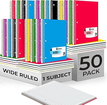 Rosmonde 50 Pack, 1 Subject Spiral Notebook Wide Ruled Bulk, 140 Pages 70 Sheets, Thick No-Bleed Paper, 8 x 10-1/2", 3 Hole Punched, 1 Subject Spiral Notebook Bulk, Bulk Subject Notebook
