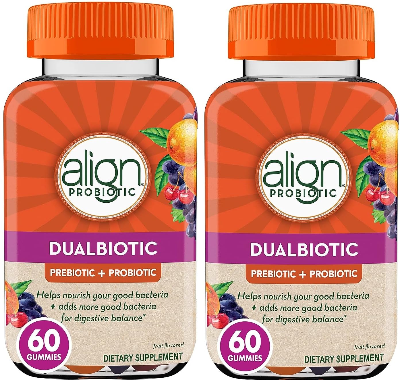 Align DualBiotic, Prebiotic + Probiotic for Women and Men, Help Nourish and Add Good Bacteria for Digestive Support, Natural Fruit Flavors, 60 Gummies (Pack of 2)