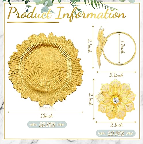 Miniatura 2 de Juego de 50 platos de carga con servilletero redondo de 13 pulgadas, cargador de placa de arrecife mate con borde con volantes, cargador de cena con