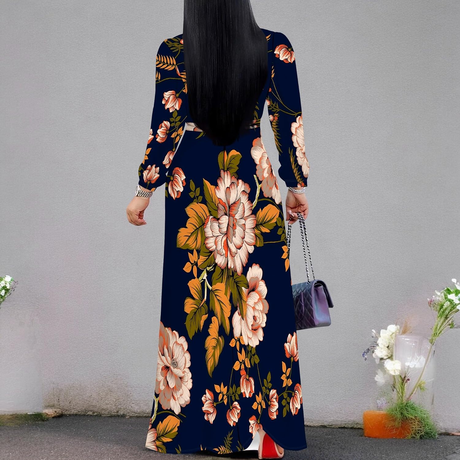 Women's Plus Size Maxi Dresses Long Sleeves V Neck Floral Print Bohemian Swing Long Dress with Belt - Image 6