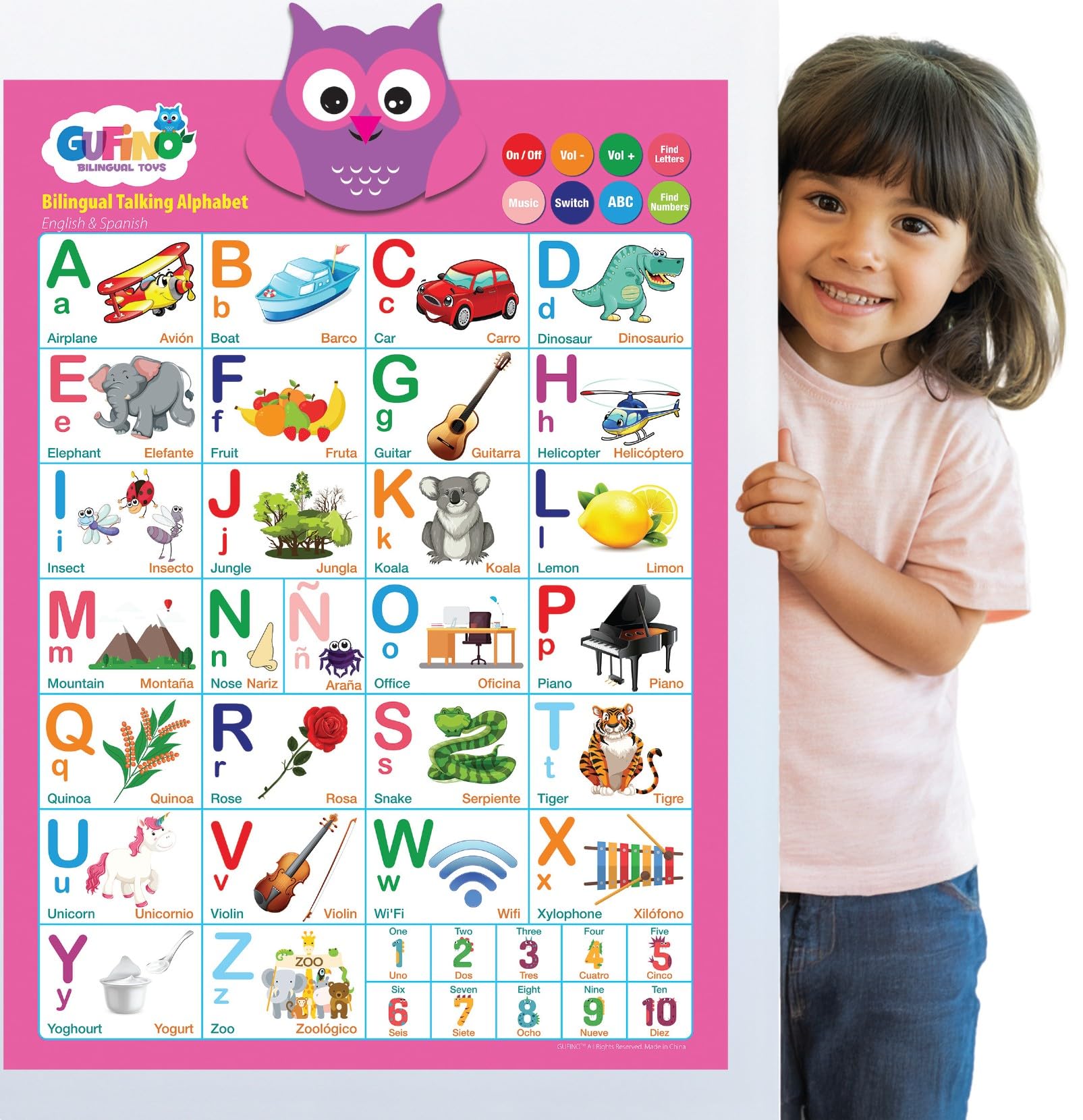 Gufino Alphabet Wall Chart - Bilingual Toys with Interactive Touch Buttons for Independent & Guided Learning - Ideal for Preschool Learning Activities & Spanish Classroom Supplies.
