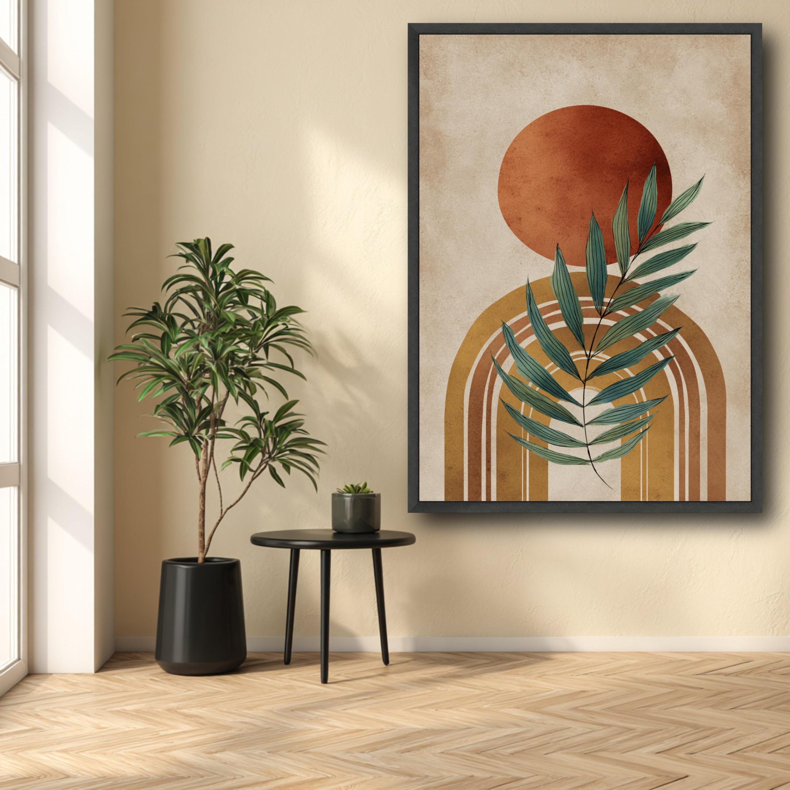 Abstrakcyjne liście plakat na płótnie w stylu boho, połowy wieku botaniczny łuk słoneczny łuk ścienny natura dekoracyjne dzieła sztuki (70 x 100 cm / wewnętrzna rama)