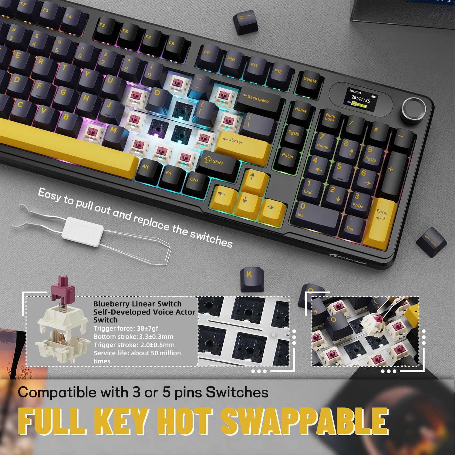 ATTACK SHARK X98PRO Gasket Tastiera da gioco meccanica, BT/2.4G Wireless/USB-C, schermo LED e manopola CNC, RGB Backlit, interruttore lineare hot-swap a 98 tasti, 4000mAh, per PC, MAC-Nero