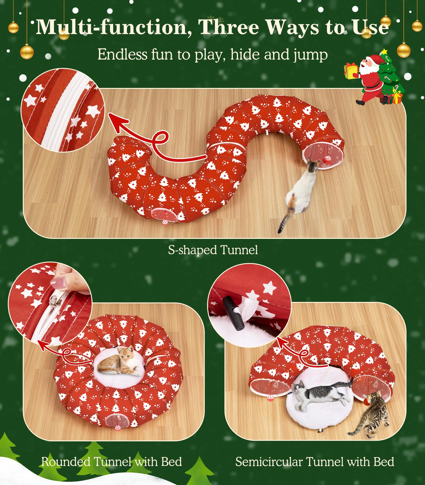 Pawaboo Letto a Tunnel per Gatti sotto L'Albero di Natale, 35,4" Tunnel Giocattolo per Gatti a Cerchio con Palla, Tunnel Decorativo Natalizio Pieghevole a Tubo per Gattini (Albero di Natale Rosso)