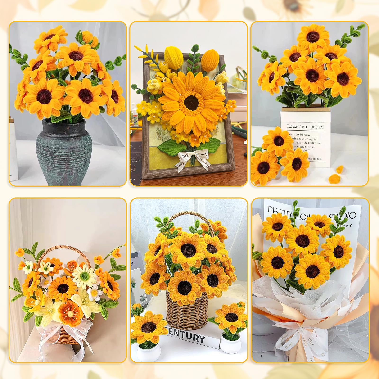 set di 300 fili di ciniglia per lavori manuali a forma di girasole - Con 20 steli, nastro e nastro adesivo - Per mazzi di fiori fai da te e progetti artigianali. Regali per le donne per la
