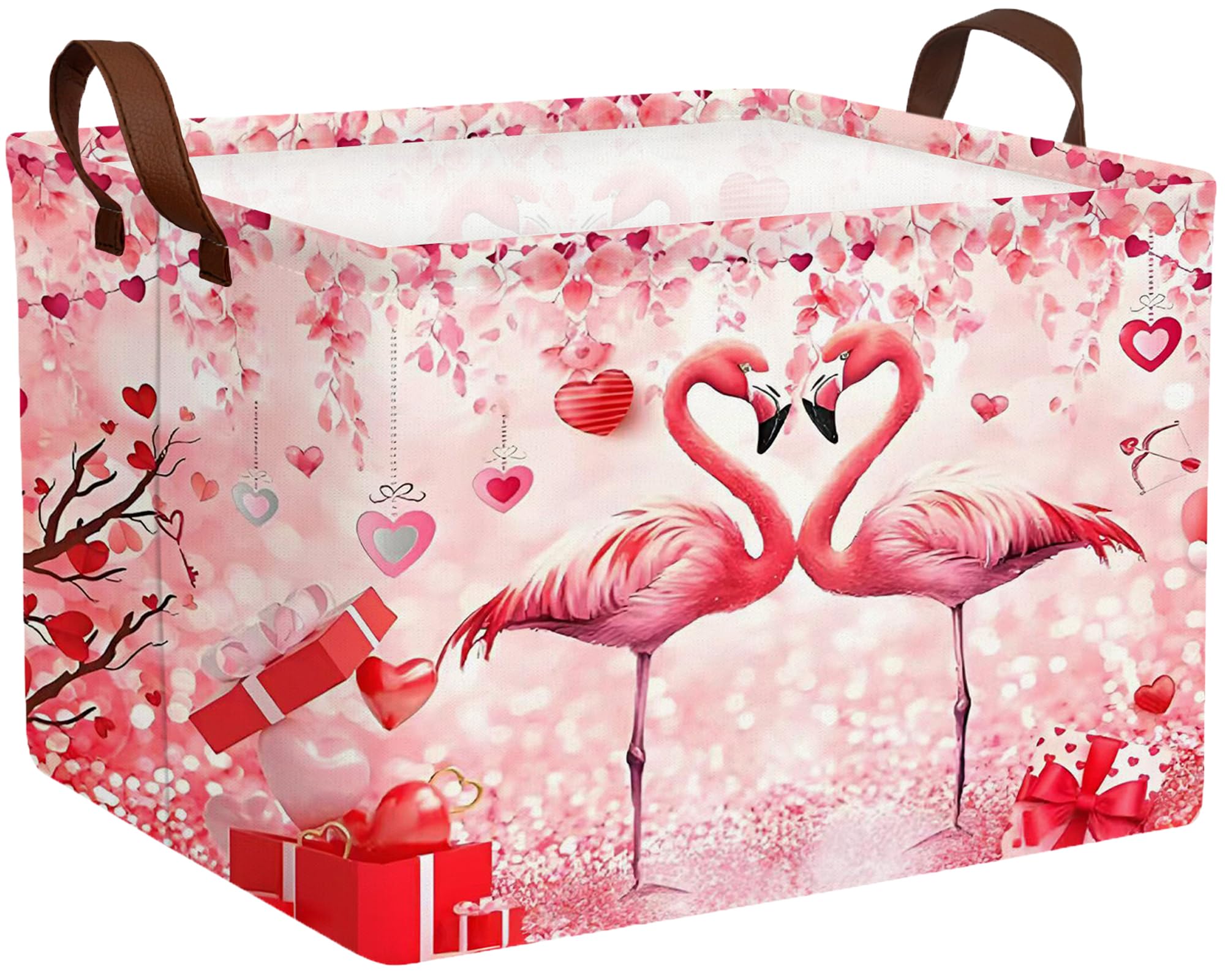 Valentines Day Basket Large Foldable Heart Shaped Storage Box for Gifts Kids Empty Storage Bins Rectangular Toy Organizer Decor (Love Flamingo)