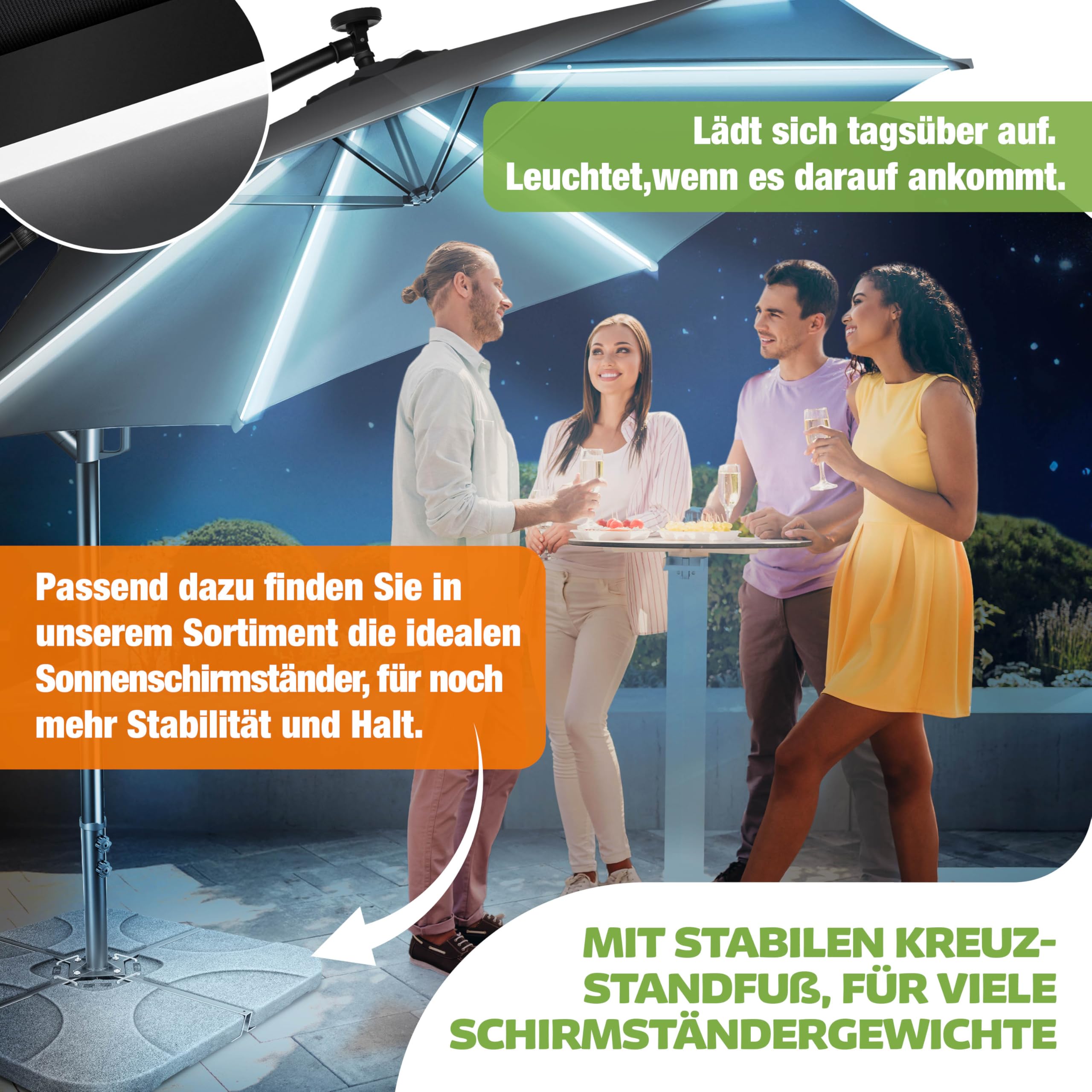 KESSER® Sonnenschirm Solar Ø 300 cm/Ø 350 cm mit LED Beleuchtung, Ampelschirm mit Kurbel, Garten, Sonnenschutz, Gestell & Ständer aus Alu, UV-Schutz, wasserdicht + Windfest, 360° Funktion + Hülle