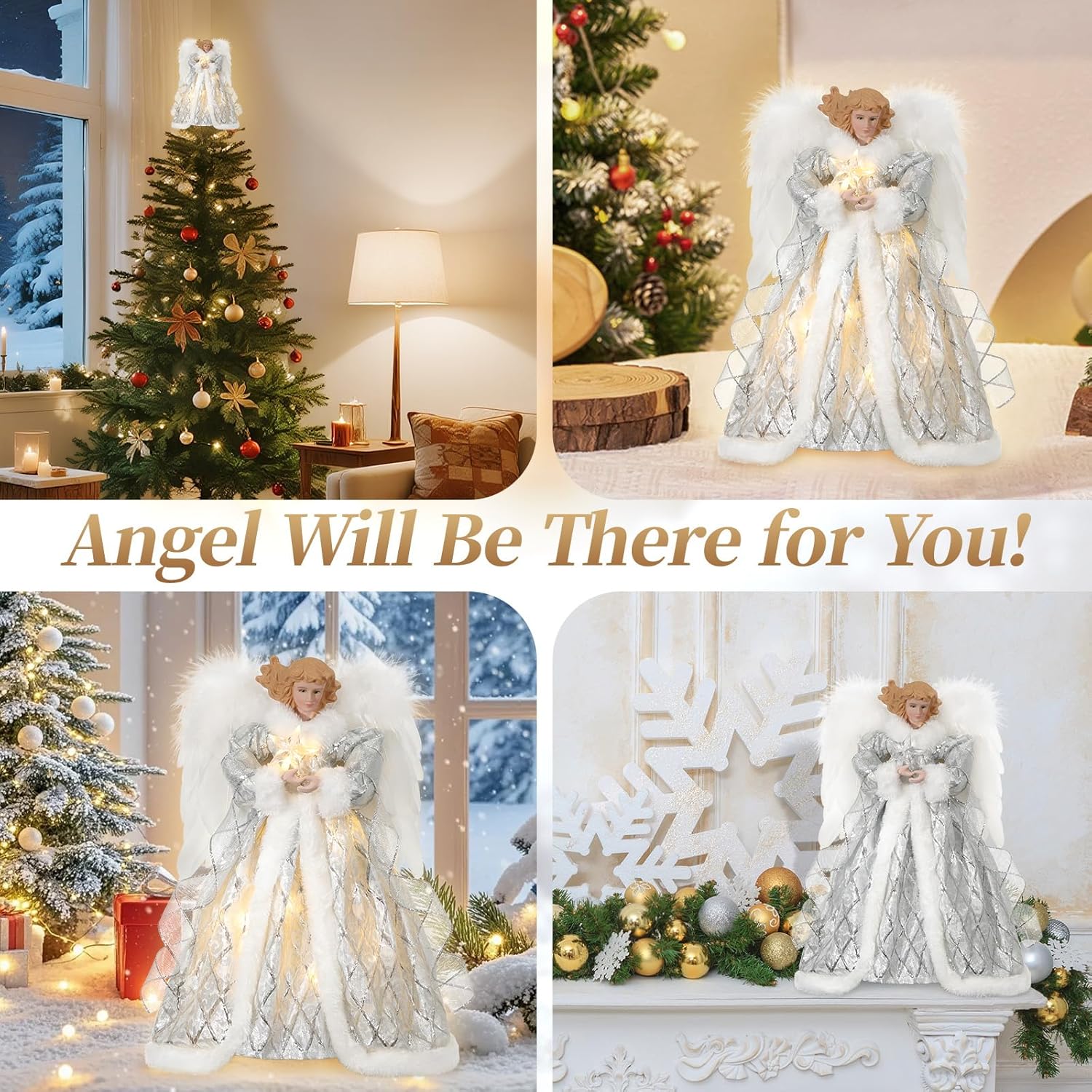 Lewondr Christmas Tree Topper Angel, 12'' Angel Tree Topper with 8 Lights, Remote & USB Operated Angel Treetop Figurine with Wings, 6H Timer Xmas Tree Decor for Holiday Home Ornament, Silver