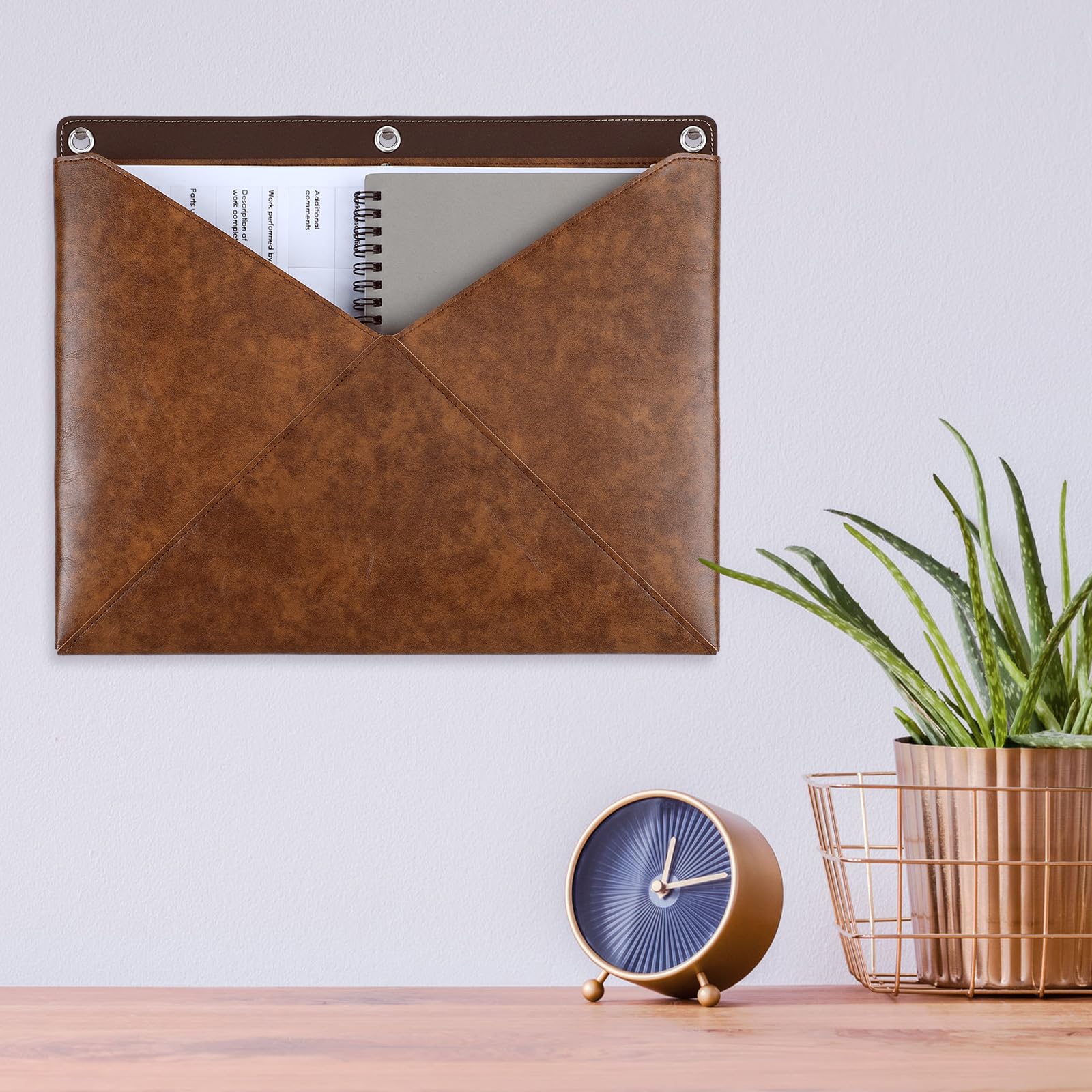 Huhumy Organiseur mural rustique en cuir pleine fleur pour documents, classeur à 3 anneaux, porte-documents mural en cuir à suspendre pour courrier, lettres, factures, enveloppes