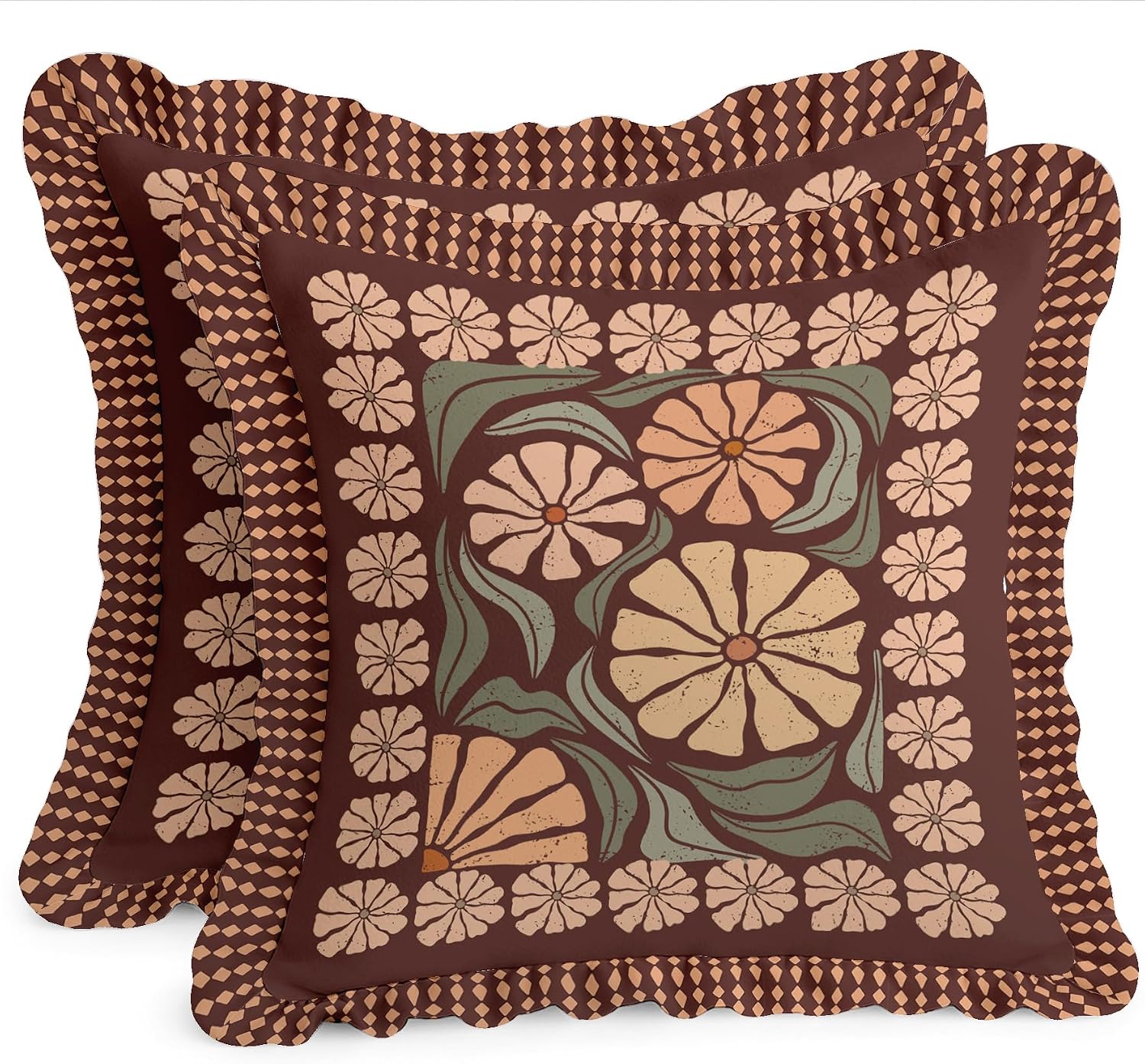 Tree Print, Decorative Cushion Covers 16x16-100% Cotton Twill Set of 2 with Ruffle Edges, Farmhouse Print, Concealed Zipper Closure, No Fillers