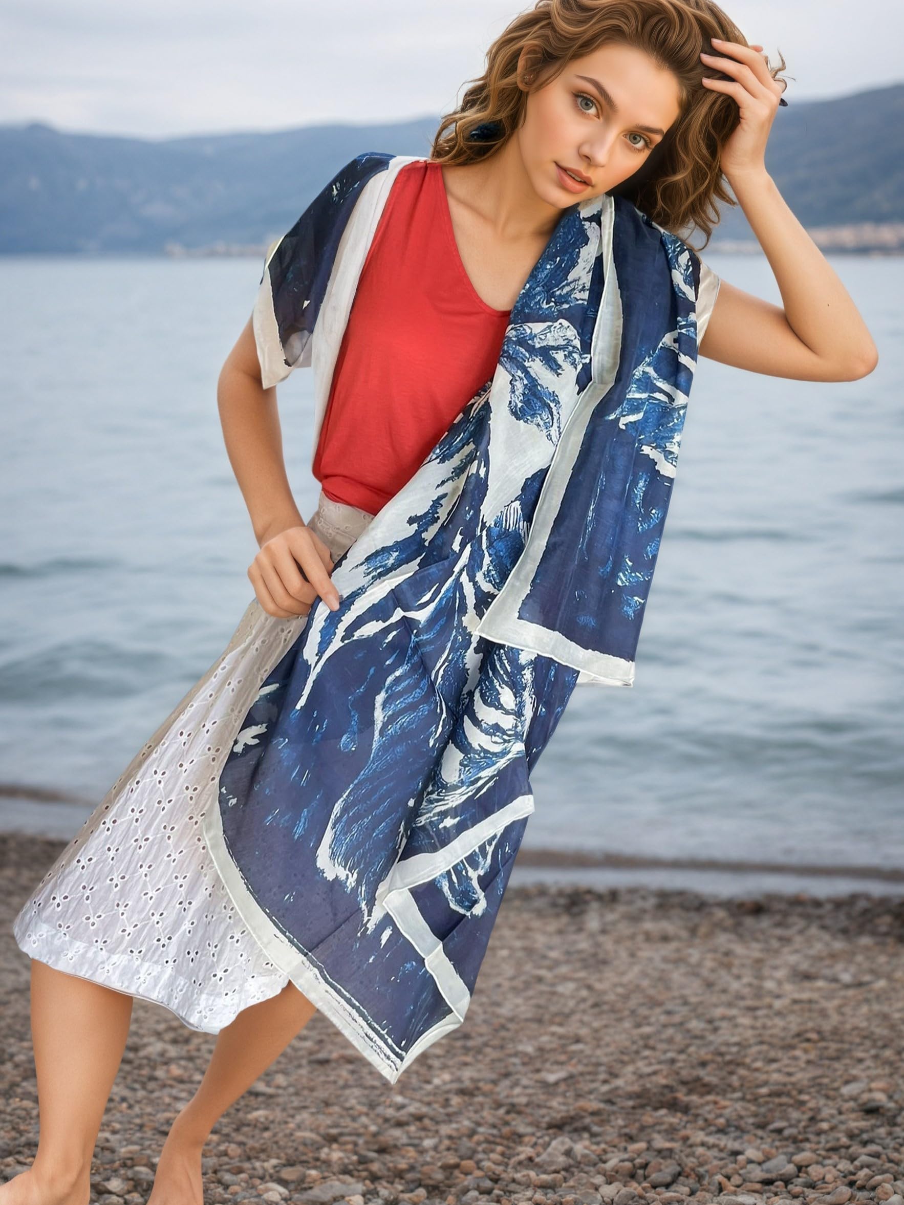 Paréo Femme XL 125 cm Carré Foulard Été Coton Soie, Cache-Maillot Léger, Étole & Châle pour Plage & Vacances