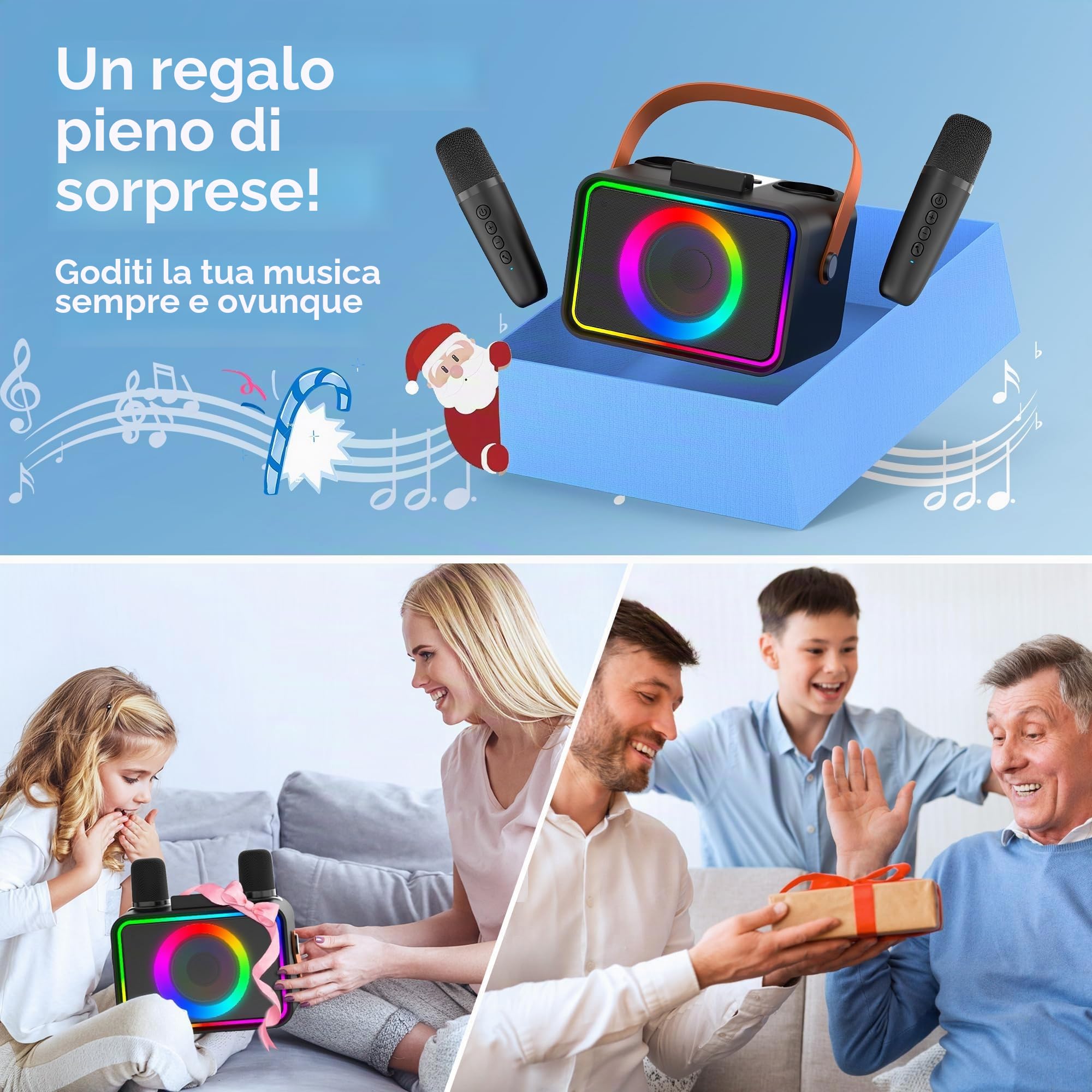 Altoparlante Bluetooth portatile karaoke con 2 microfoni wireless e luci LED, viola