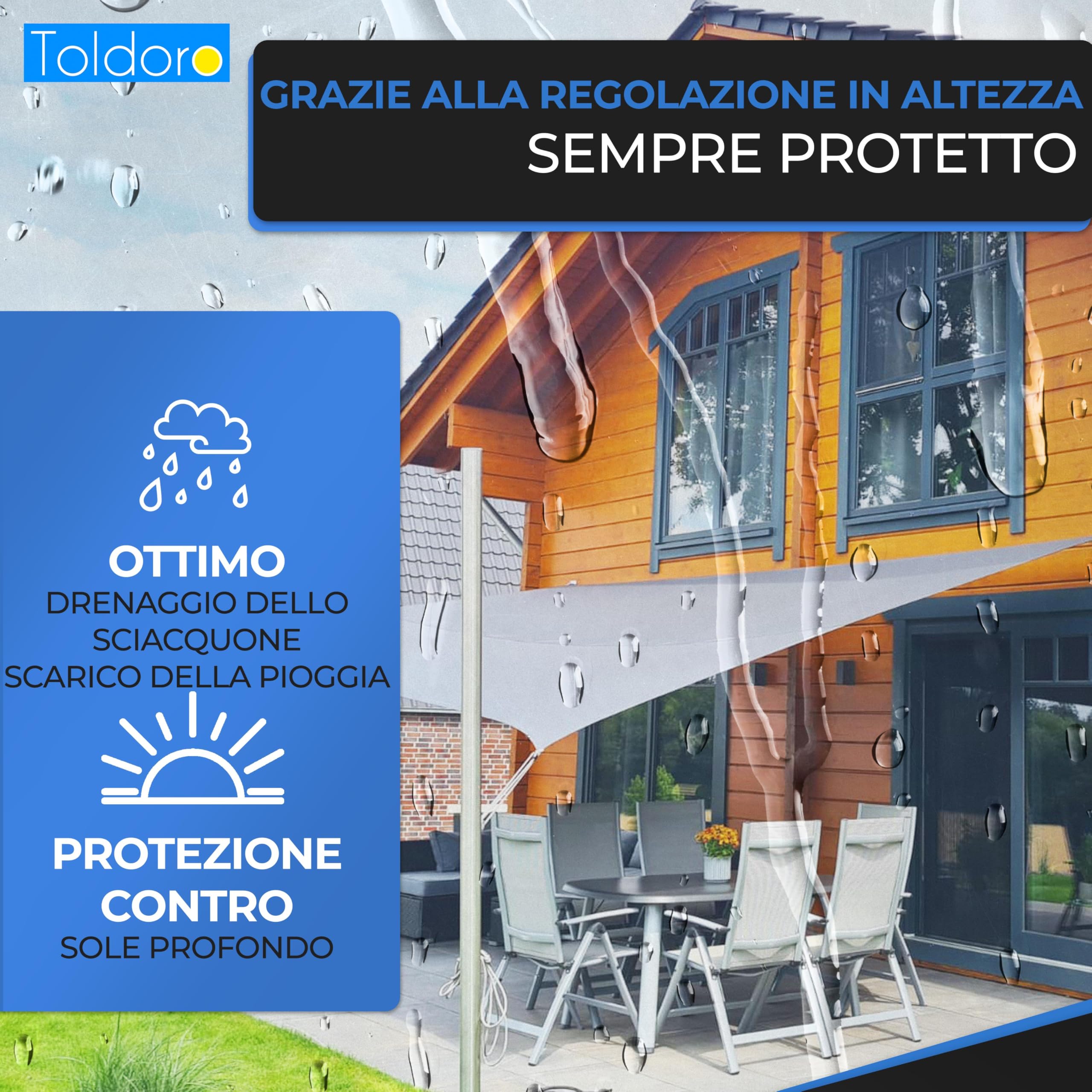 Toldoro 300cm Palo per vela ombreggiante regolabile in altezza/Palo per vela con guida per la regolazione dell'altezza/Pali per vele ombreggianti