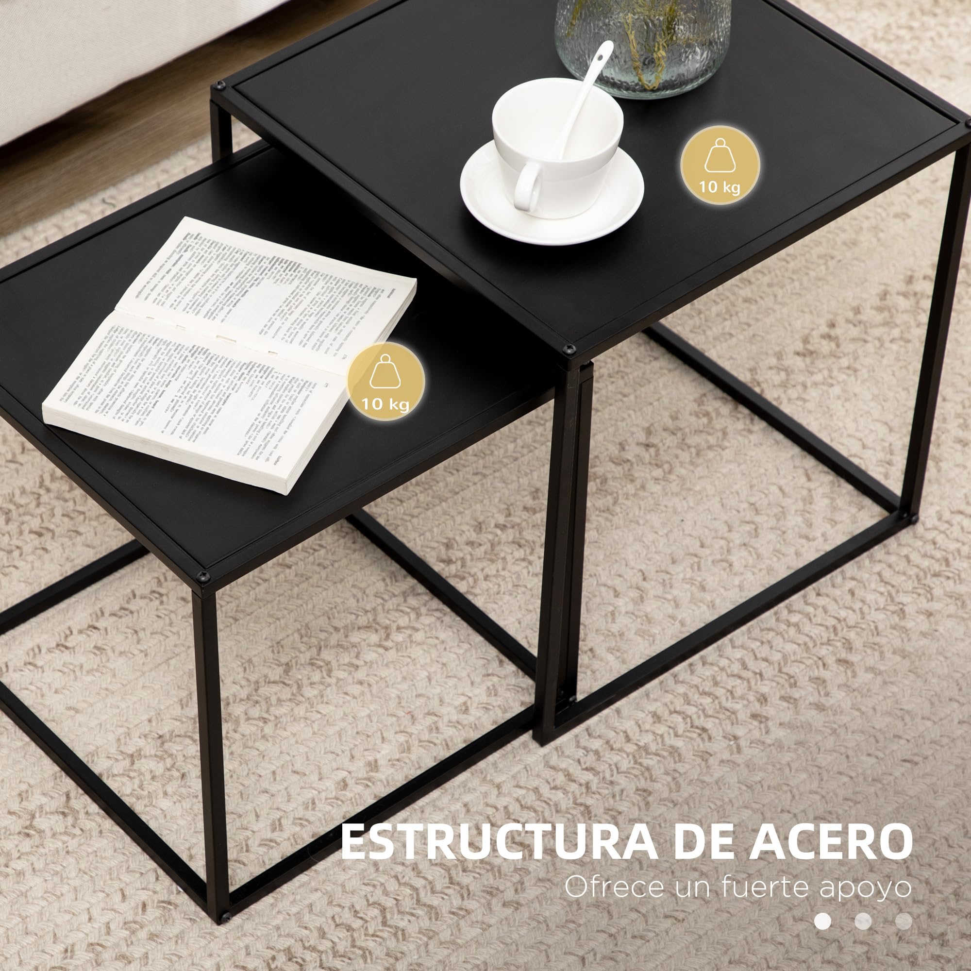HOMCOM Juego de 2 Mesas Nido, Mesas de Centro para Salón Cuadradas, Material de Acero, para Dormitorio y Oficina, Grande 40 cm, Pequeña 35 cm, Negro