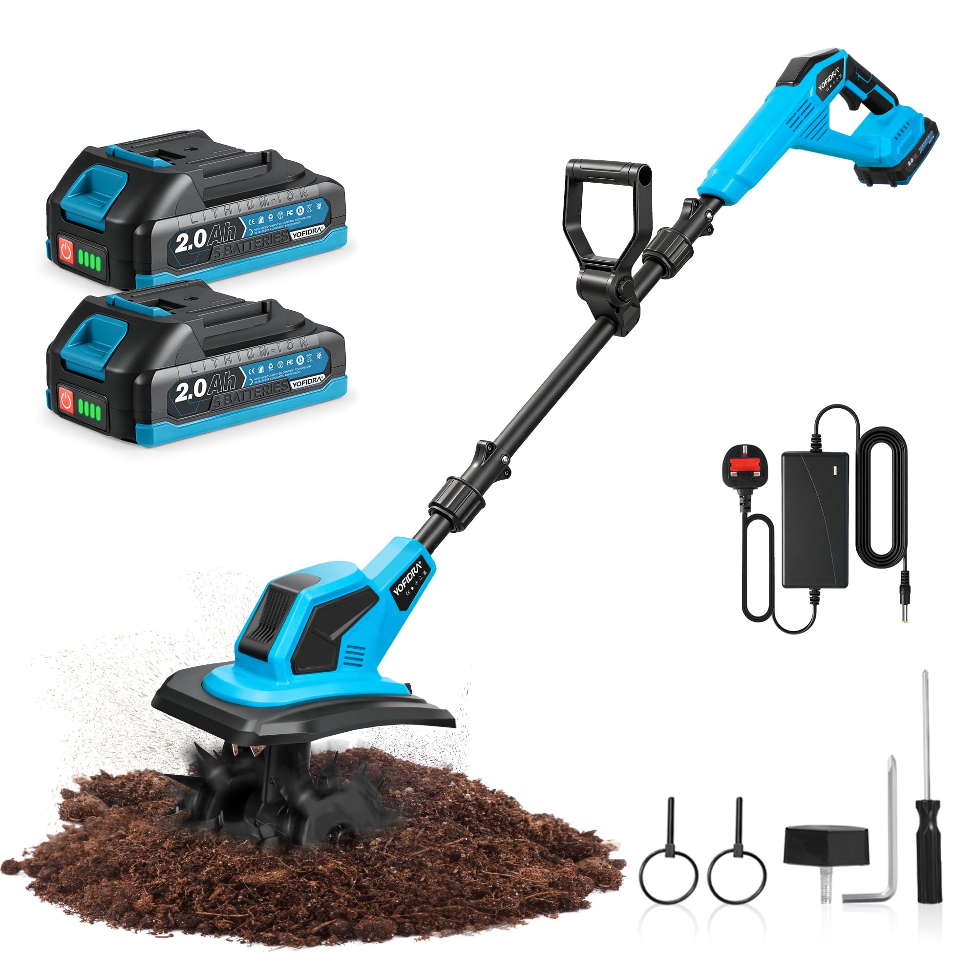 Yofidra Tiller Cordless, Detachable Rotavator with 2x 2.0Ah Batteries