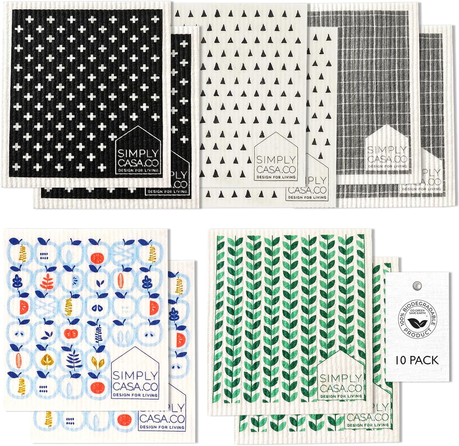 10 Pack Reusable Swedish Dishcloth, for Kitchen and Household Use Super Absorbency, Made in Sweden, Cellulose Sponge Dish Cloths, Paper Towel Replacement, Plastic-Free Packaging