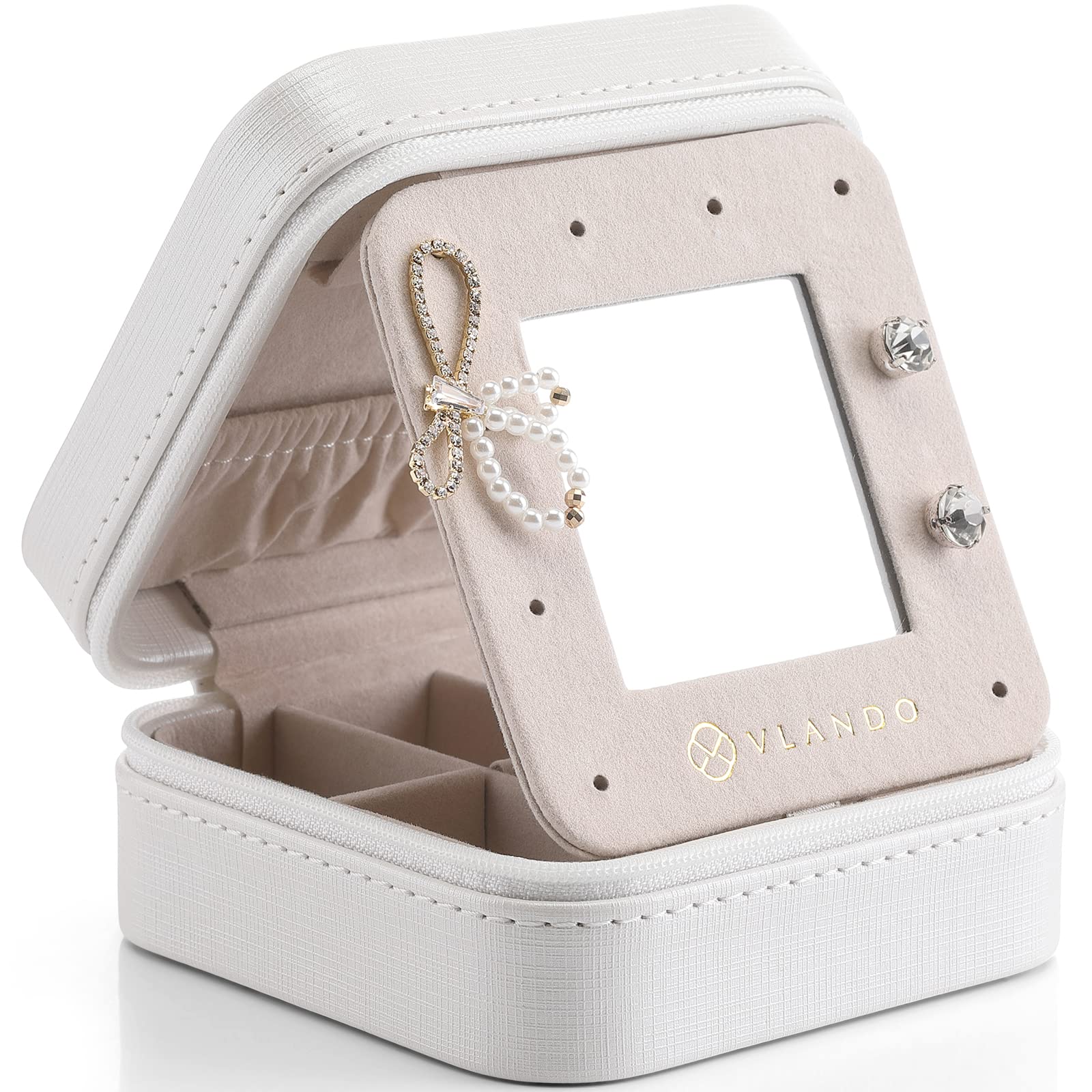 VlandoVlando Small Travel Jewelry Box Organizer - Jewelry Case Gift for Girls Women Rings Earrings Necklaces Storage with Mirror - White