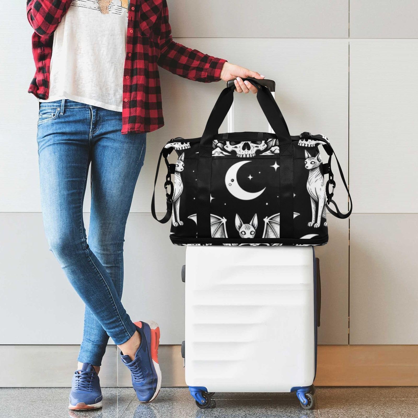 Gothic Black Moon Cat Bat Bolsa de viaje con bolsillo húmedo con correa ajustable para viajes de negocios, gran capacidad para hombres y mujeres