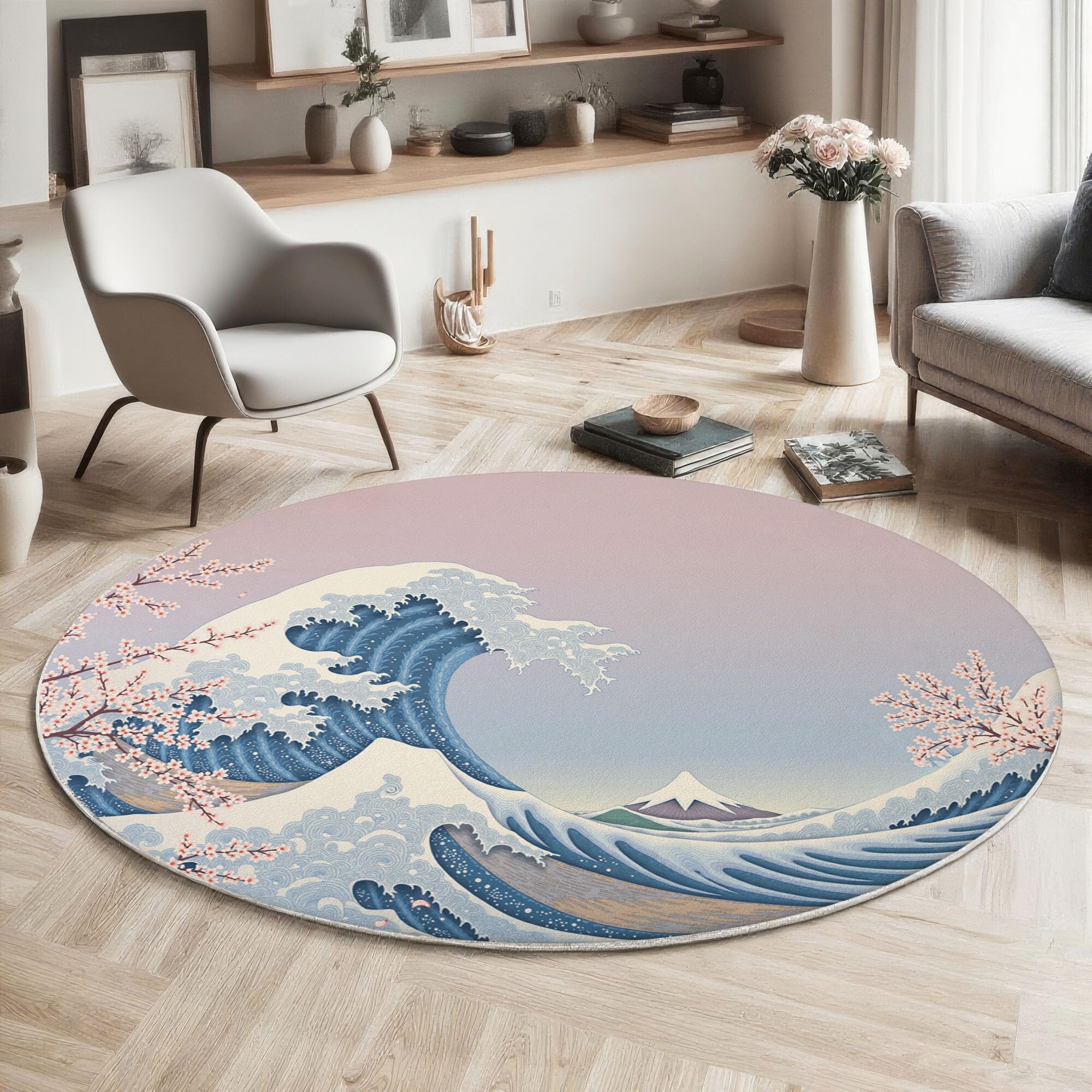 Tapis rond bleu 120cm aux vagues japonaises pour apaiser l'ambiance d'une chambre