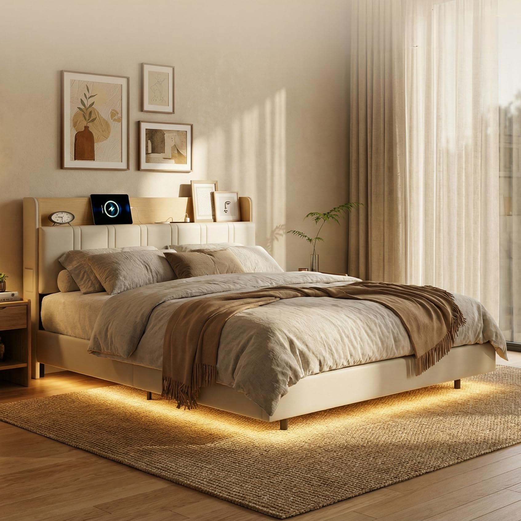 BRILVERDE Polsterbett 160x200 mit LED, Platformbett mit USB, Funktionsbett mit Kopfteil, Schwebebett mit Lattenrost, PU (Weiß Flache Eiche, 160 x 200 cm)