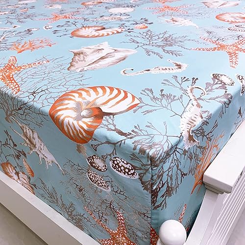 Miniatura 4 de ABREEZE Juego de sábanas 100% algodón egipcio, juego de ropa de cama con temática de playa, ropa de cama costera, conchas marinas y estrellas de