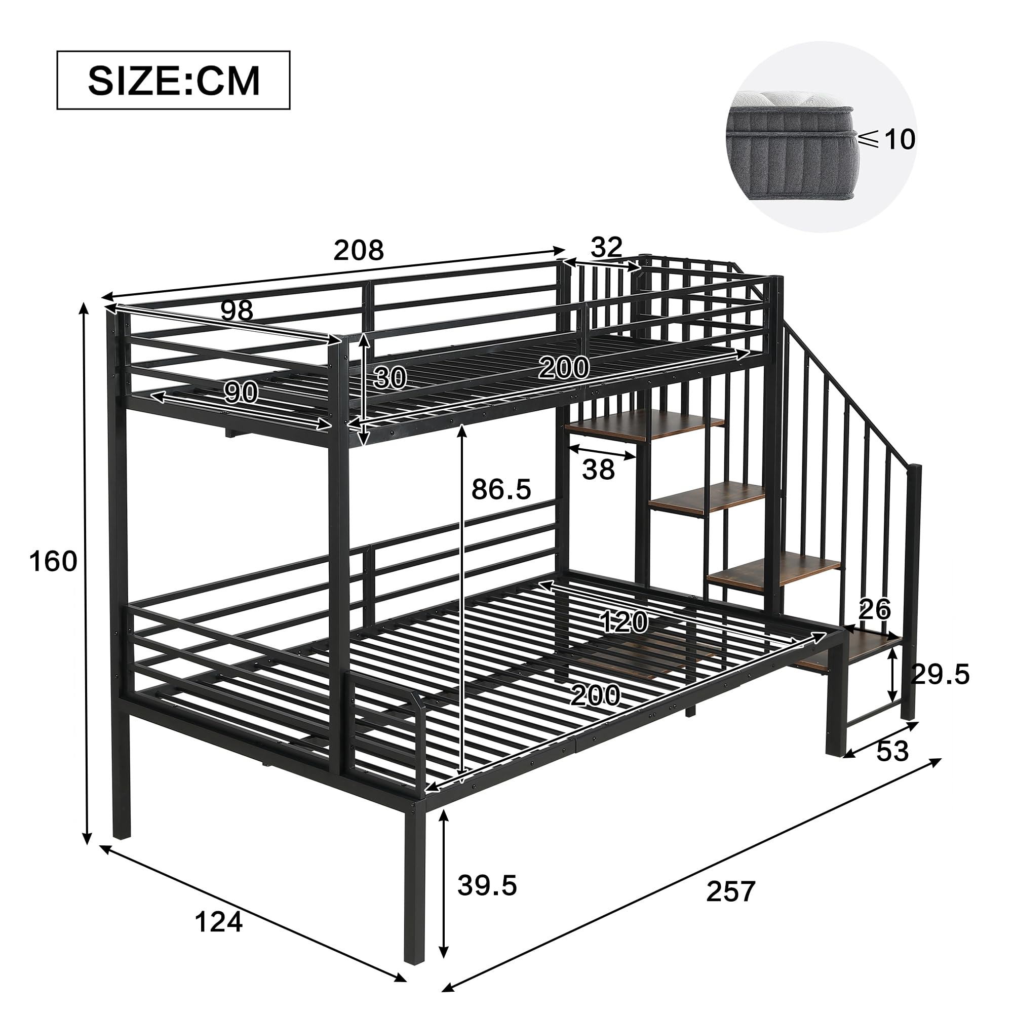 Idemon Letto in ferro a castello, cabina angolare, vano portaoggetti, MDF, nero+legno vintage, 90x200 cm e 120x200 cm