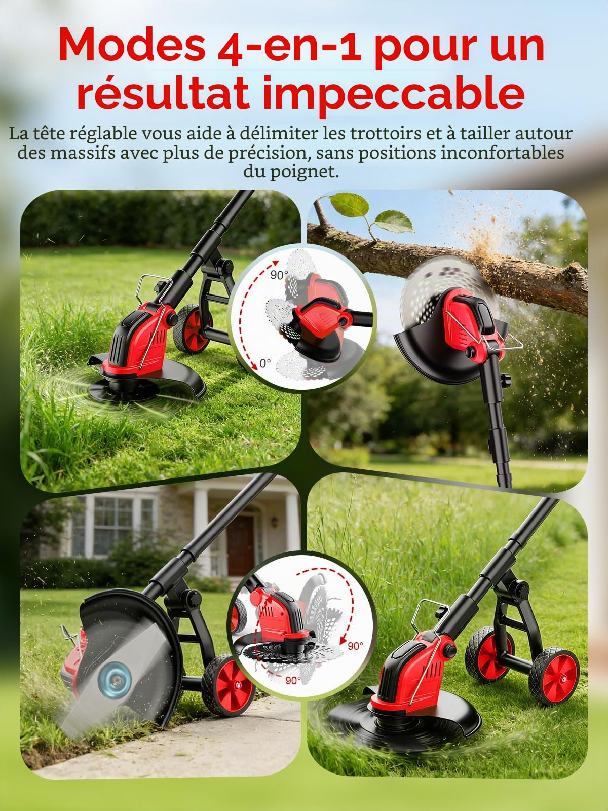 30CM Debroussailleuse Electrique sans Fil, 2x3.0Ah Batterie et Chargeur Coupe Bordure sans Fil, 20 000 TR/Min, Débroussailleuse à Batterie avec 4 Types Lames Longueur RéGlable pour Jardin Élagage