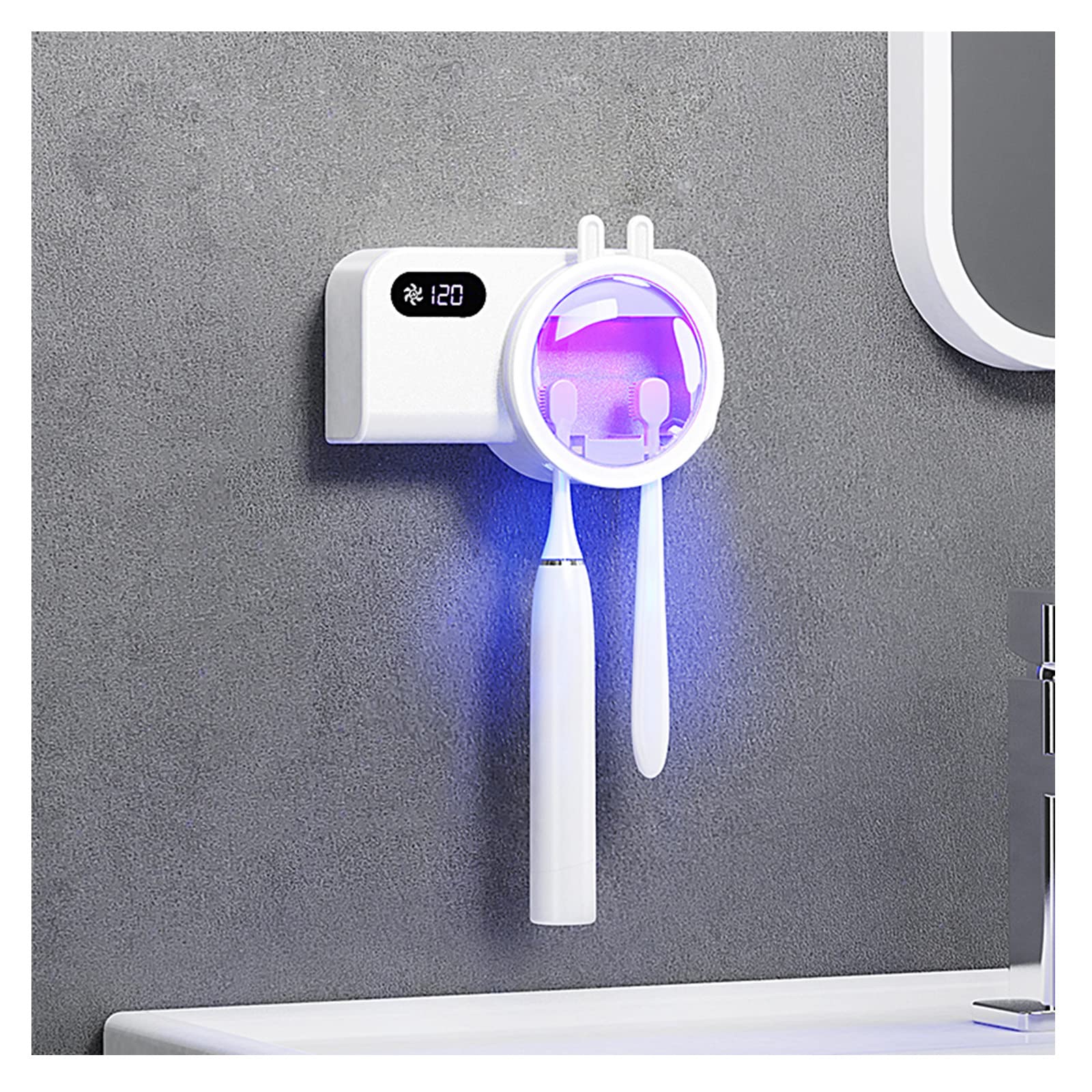 Porta Spazzolino Elettrico, Porta Spazzolino Parete LED Dispenser Dentifricio Automatico Sterilizzatore UV con Funzione di Asciugatura Accessori Bagno Ricaricabile USB Bianco