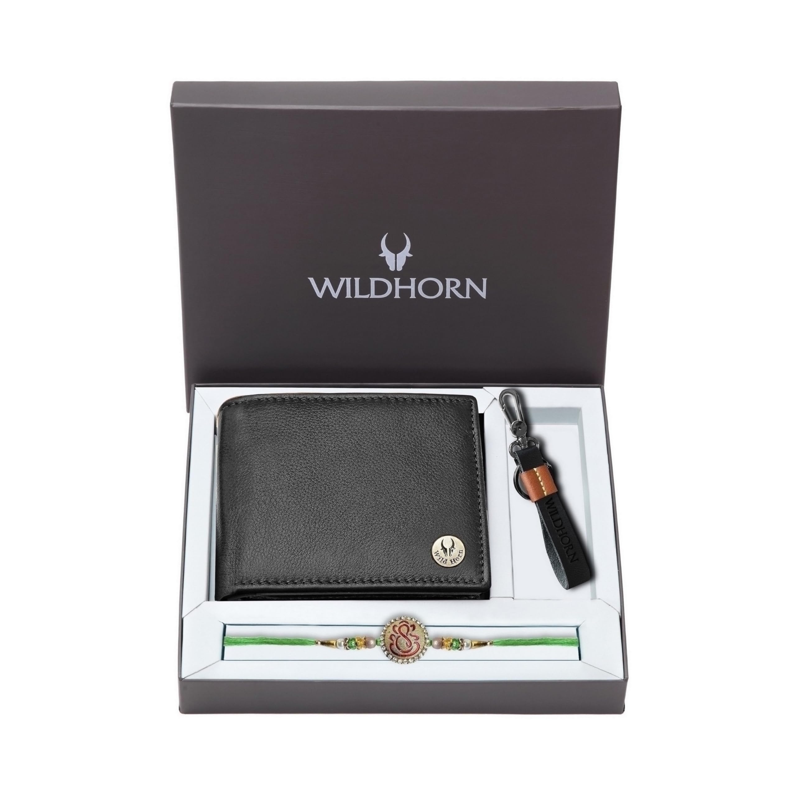 WildHorn Rakhi Gift Hamper for Brother - Classic Men's Combo/Gift Set of Leather Wallet, Keyring and Rakhi for Brother/Bhaiya.