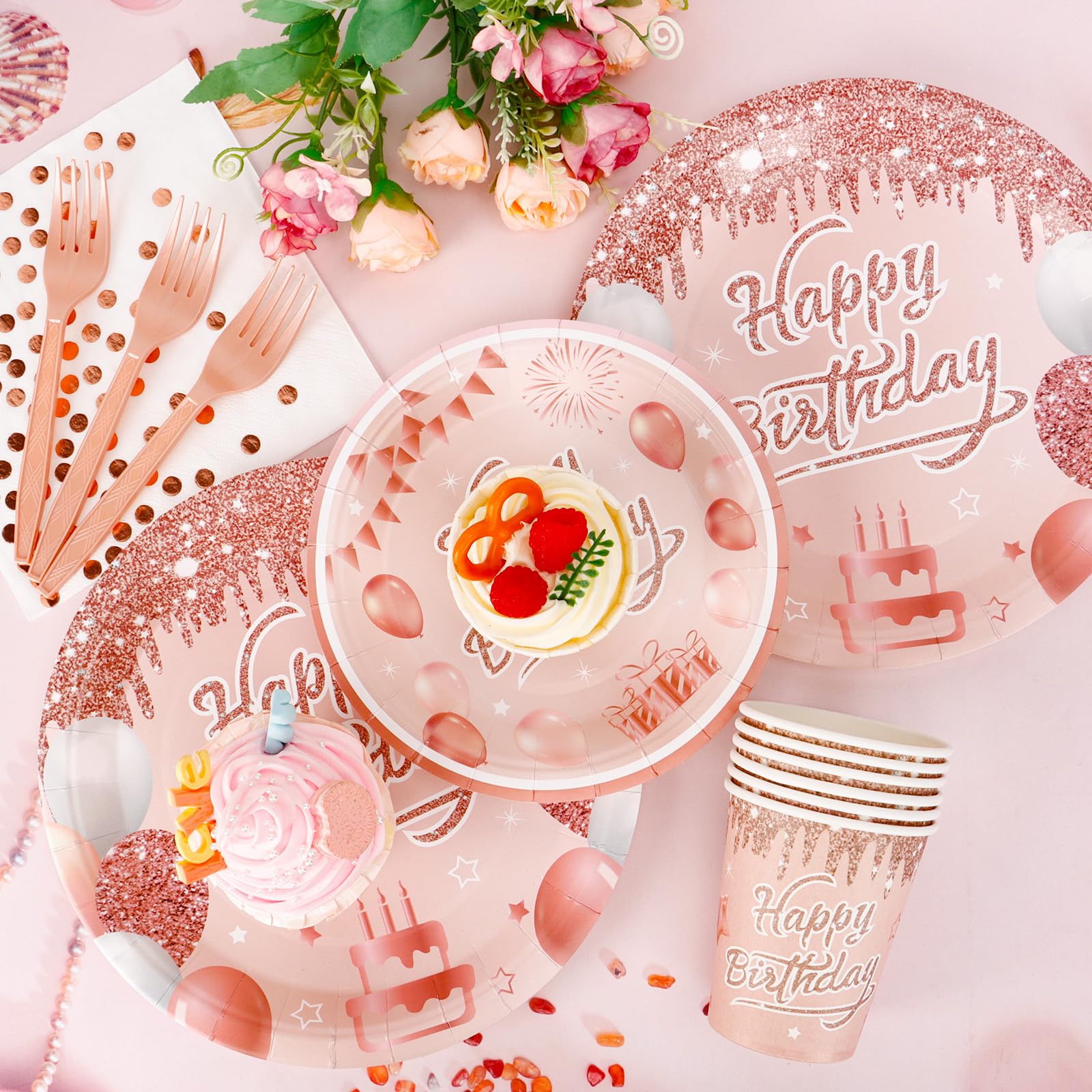 Decorazioni per feste di buon compleanno per donne, piatti di compleanno in oro rosa, tovaglioli, striscioni da appendere a vortice, articoli per feste per ospiti, oro rosa