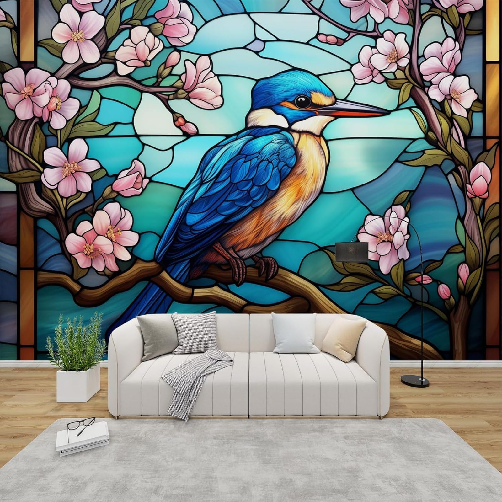Fototapeta styl mozaiki ptak kwiaty motyw włóknina nowoczesny salon sypialnia pokój dziecięcy dekoracja ścienna motyw tapeta, 430 cm x 300 cm naklejki - obraz bez ramy - plakat