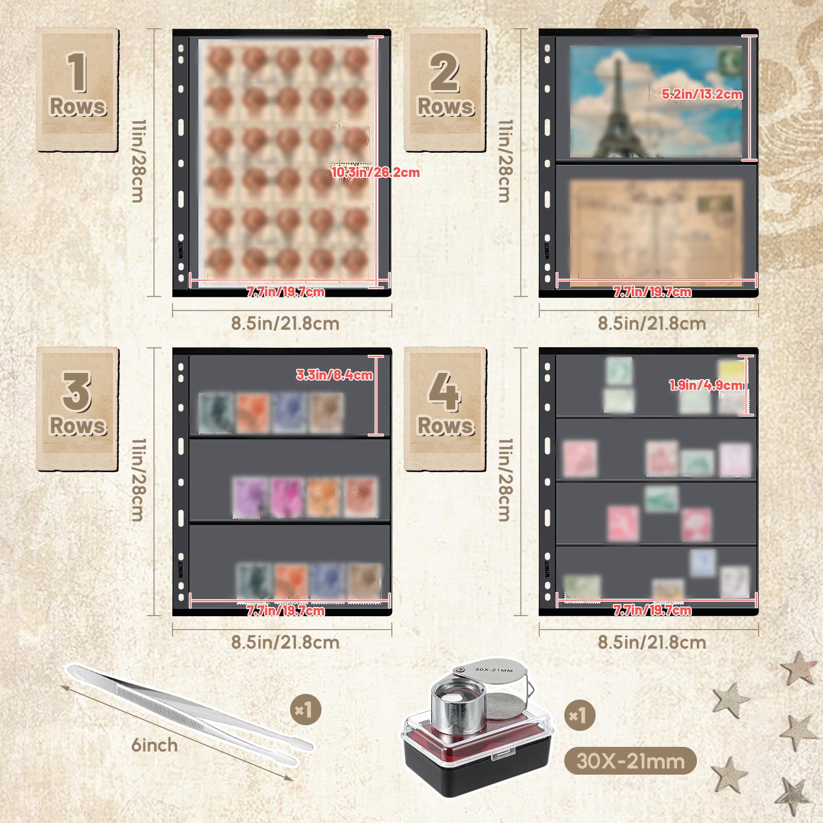 Kit raccoglitore per album da collezione di francobolli, 1/2/3/4 righe di banconote con 20 pagine di timbri, raccoglitore a 4 anelli, pinzette e lente di ingrandimento, per banconote di carta, regalo