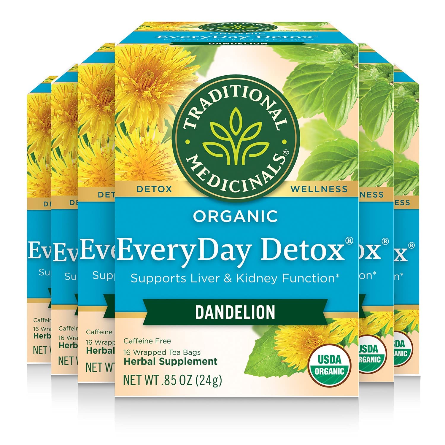 Traditional Medicinals Organic Everyday Detox Tea Bags With Dandelion | Supports Healthy Liver & Kidney Function | Caffeine Free | Herbal Supplement | 16 Tea Bag (Pack Of 6)