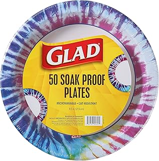 Glad Everyday Round Disposable 8.5” Paper Plates with Tie Dye Design | Heavy Duty Soak Proof, Cut-Resistant, Microwavable Paper Plates for All Foods & Daily Use | 8.5 Inches, 50 Count