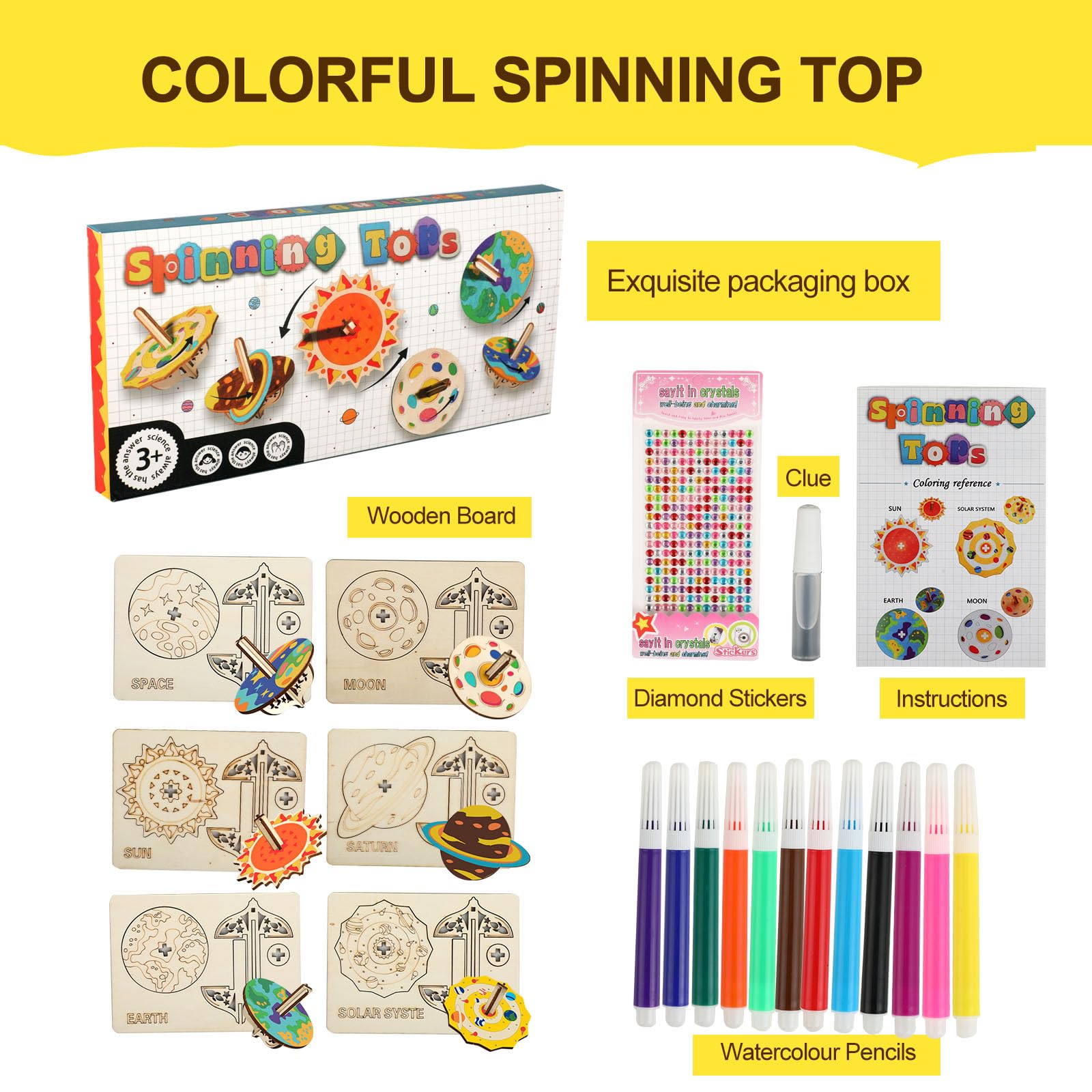 Lot De 12 Toupies En Bois à Peindre - Kit Créatif Planètes Spatiales Pour Enfants Dès 5 Ans - Bricolage & Jeu