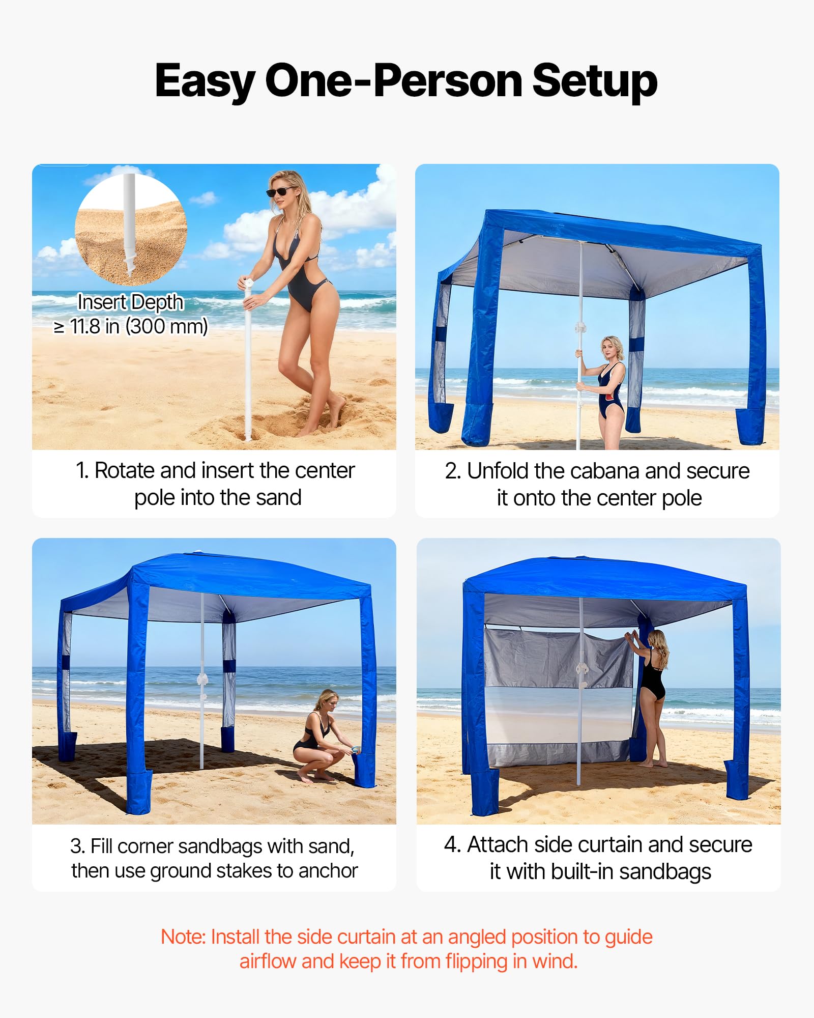 VEVOR Cabaña de Playa 2,4 x 2,4 m, con Pared Lateral, Protección Solar UPF 50+, con Sacos de Arena, Toldo Ajustable en Altura y Portátil para Disfrutar en Familia o con Amigos, Azul Marino Liso