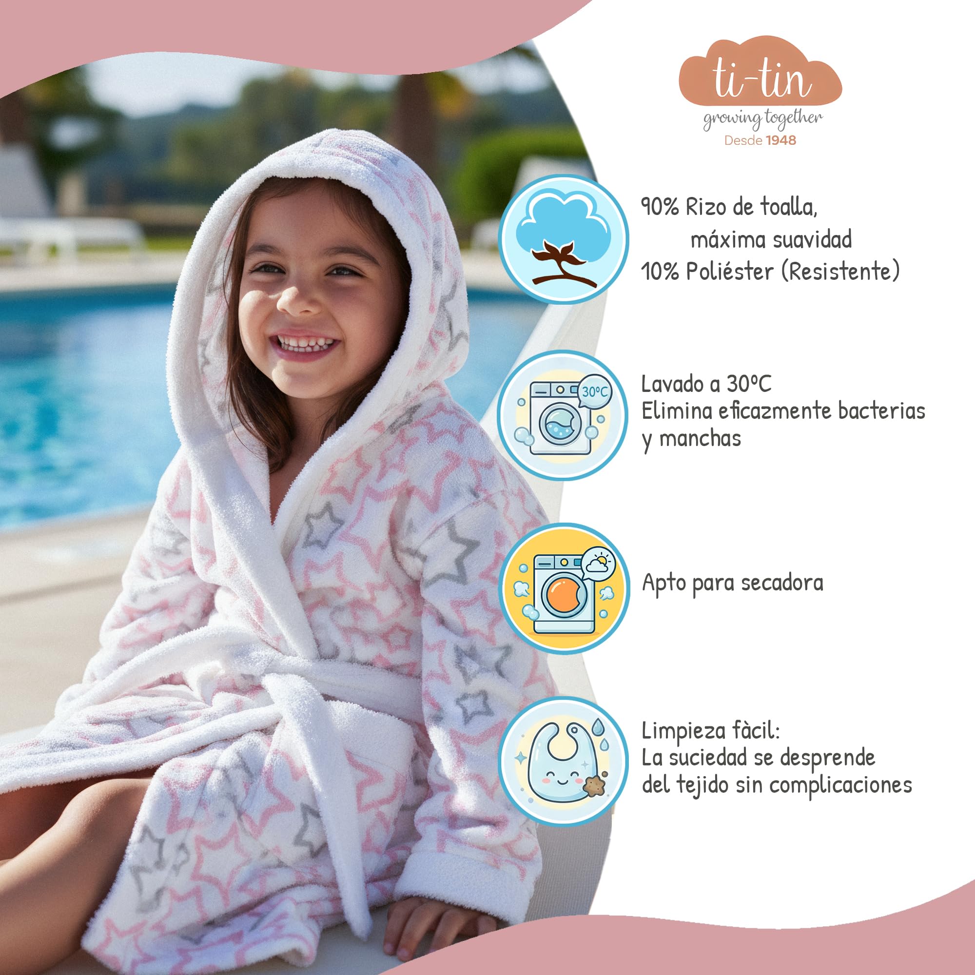 Bata de Baño Infantil con Capucha Algodón Rizo Suave Absorbente Ti TIN Albornoz Niña Niño Cinturón Bolsillo