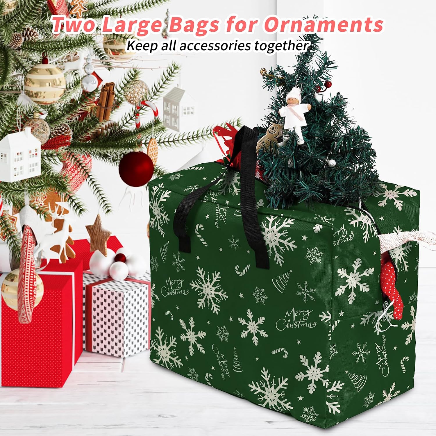 RICHIE Christmas Tree Storage Bag 7.5 ft (3pc Set), 600D Oxford Tear-proof Xmas Tree Bag, Fits Up to 7 Foot Artificial Trees, Reinforced Handles&Zippered&Durable, Holiday Decoration Storage Bag, Green