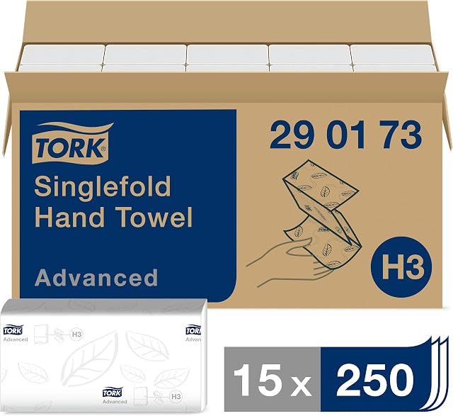 Tork Soft Singlefold Paper Hand Towels 290173 - H3 Advanced Folded Paper Towels for Commercial Dispensers - Absorbent, Tear-Resistant, 2-Ply, White - 15 x 250 Sheets