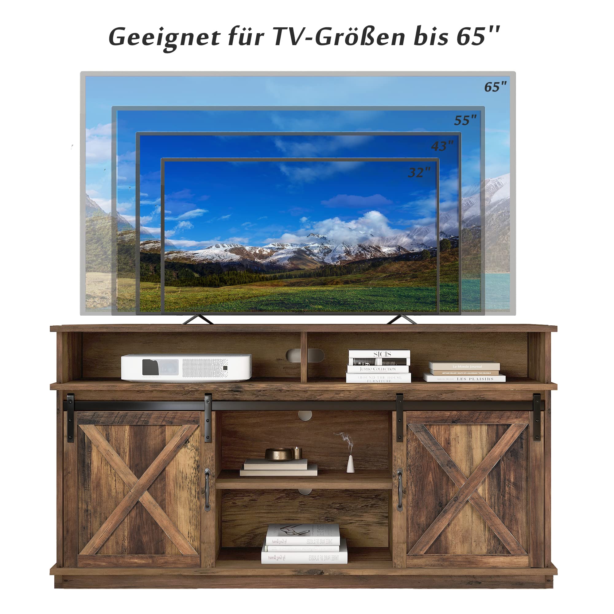 Grande mobile TV, credenza, centro intrattenimento con 2 classiche ante scorrevoli, ripiani regolabili per soggiorno, sala da pranzo, design fattoria, 148 x 40 x 78 cm