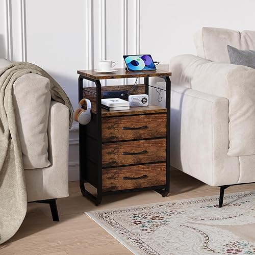 Miniatura 7 de Mesa auxiliar de cama con 3 cajones de tela, mesita de noche con estación de carga, mesita de noche LED con ganchos, mesa auxiliar con