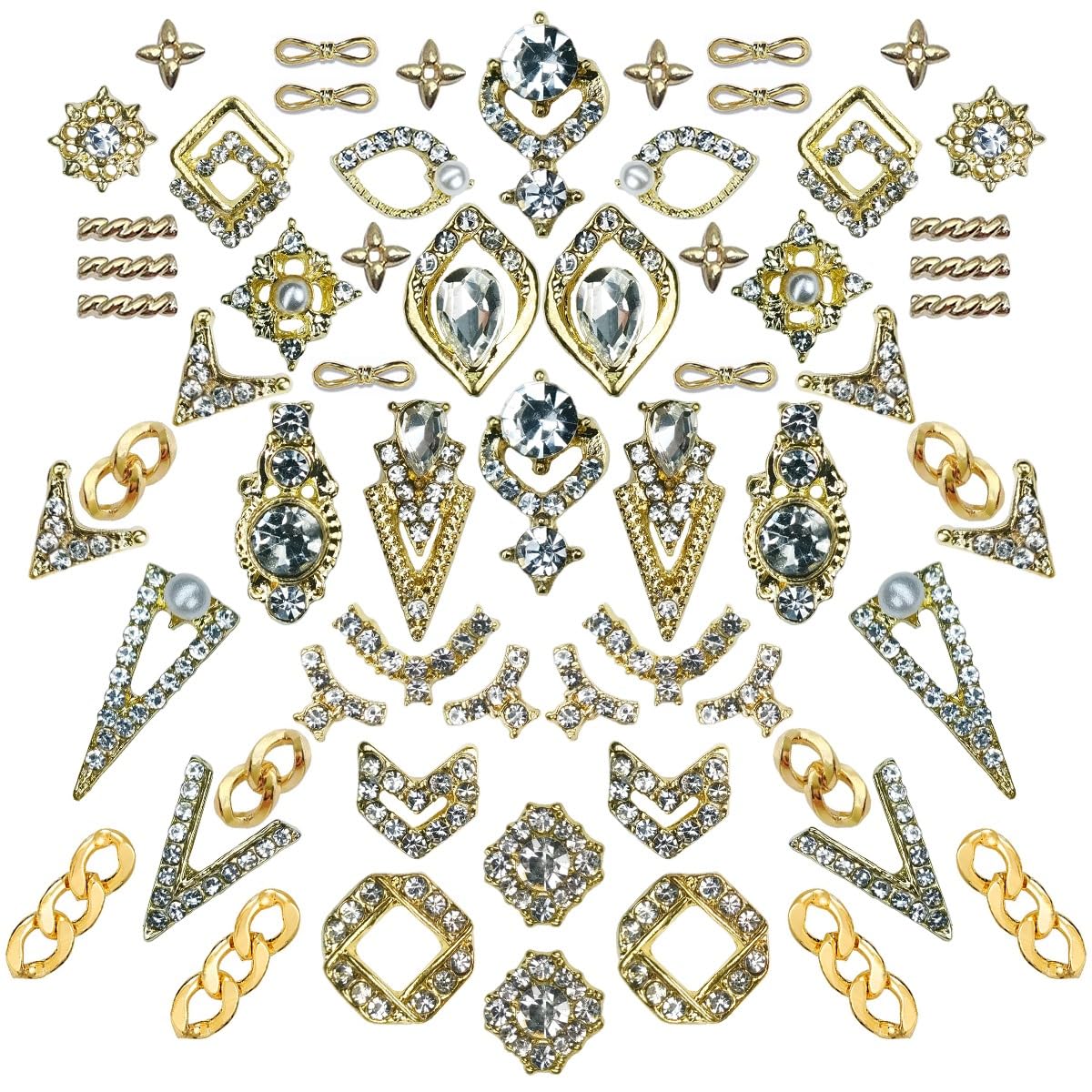 qiipii 62pcs Golden Alloy Nail Charms - Luxury Rhinestones & Crystals for Nail Art