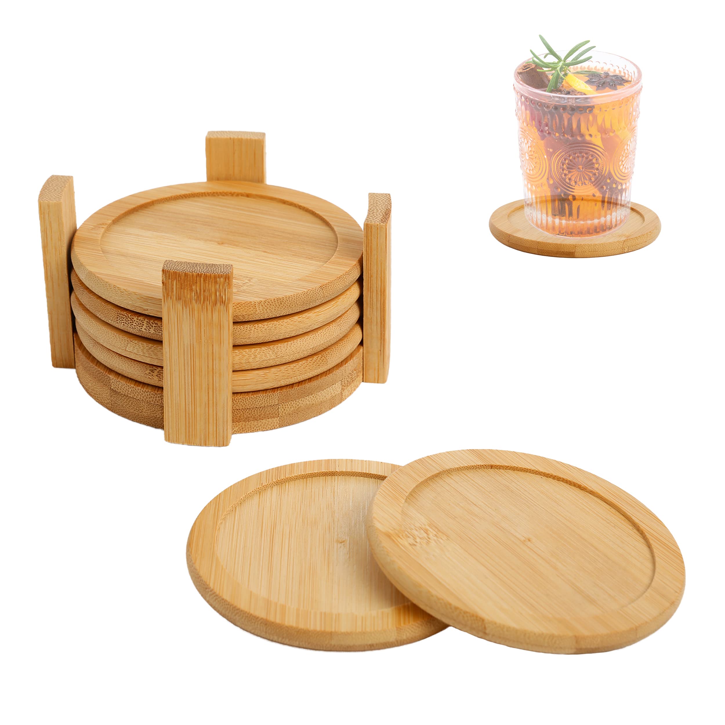 Juego de 6 Posavasos de Bambú Natural Antideslizante Redondos 10cm con Caja
